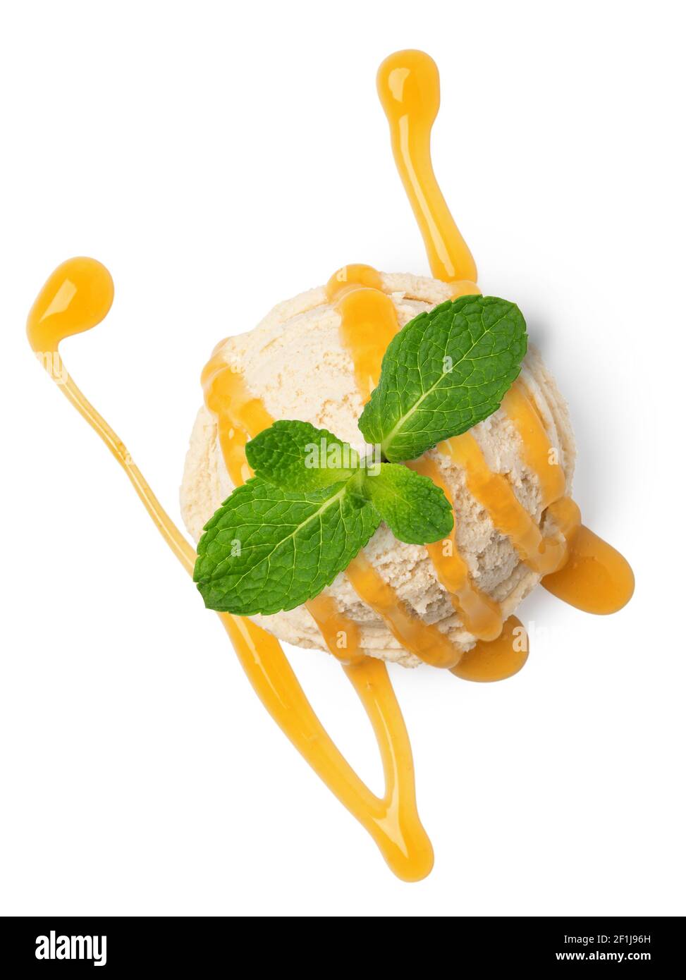 Vanilla ice cream scoop with caramel Stock Photo