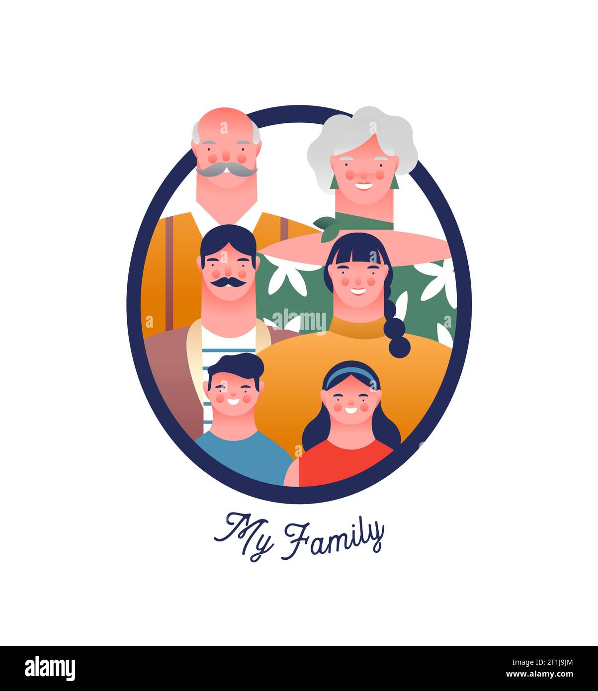 Happy family photo frame with mom, dad, grandparent and children. Families ancestry study or history education concept on isolated white background. Stock Vector