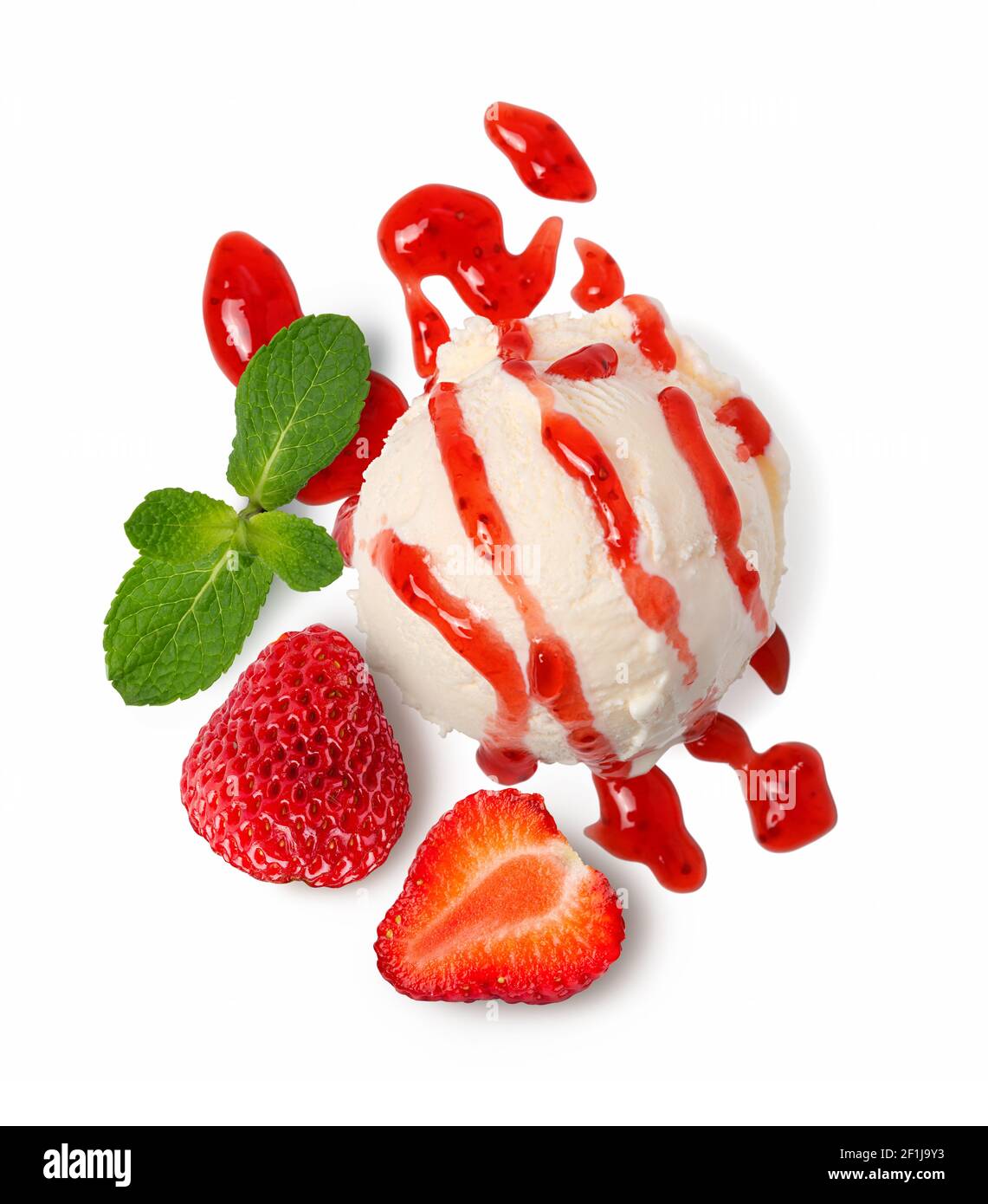 Vanilla ice cream scoop with strawberry sauce Stock Photo