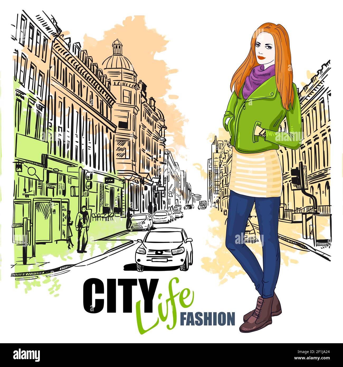 Colored sketch fashion city street poster with girl in town and pencil style drawn vector illustration Stock Vector