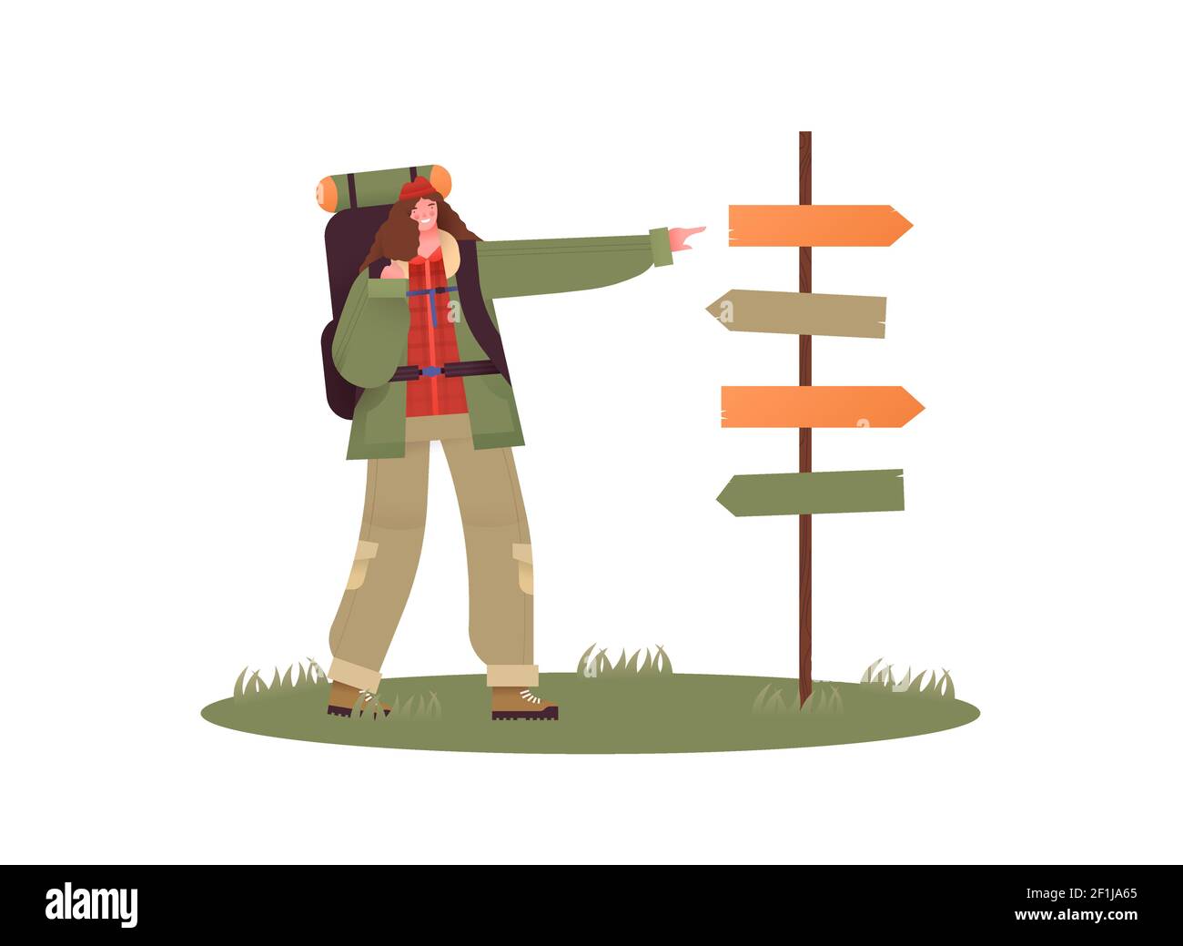 Happy woman hiking with big camping backpack pointing at empty guide post for directions. Outdoor travel concept girl in camp site, flat cartoon chara Stock Vector
