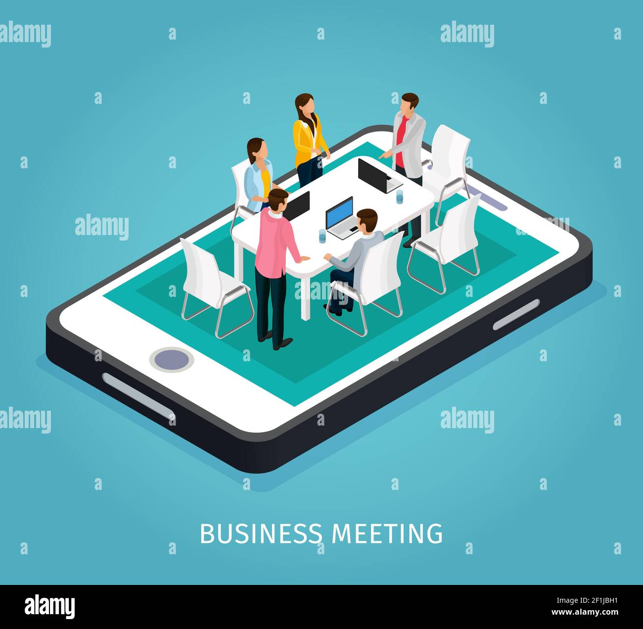 Isometric project management concept with people discussing business issues around table on phone screen isolated vector illustration Stock Vector