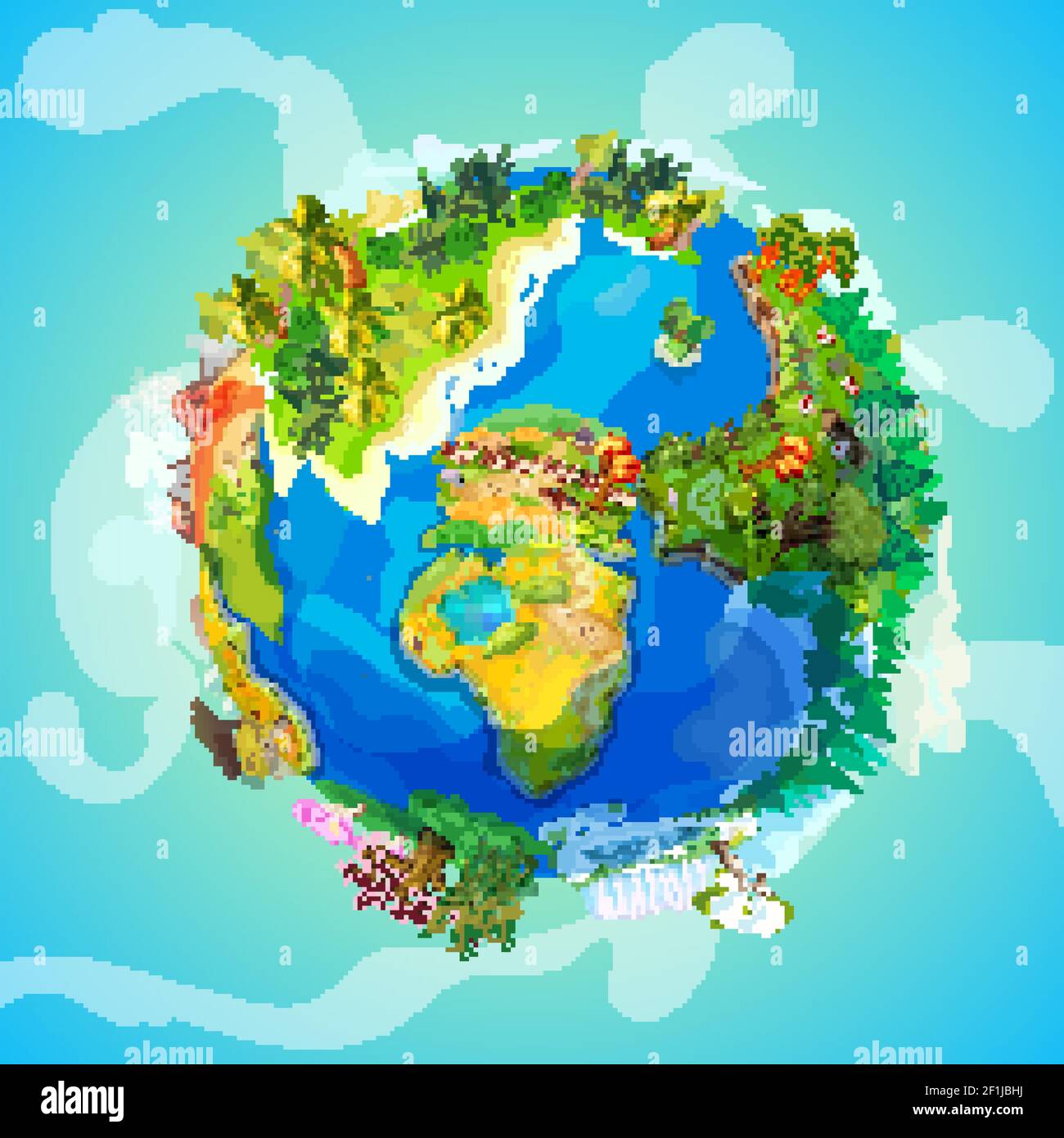 Cartoon Earth light concept with trees plants farm volcano ocean