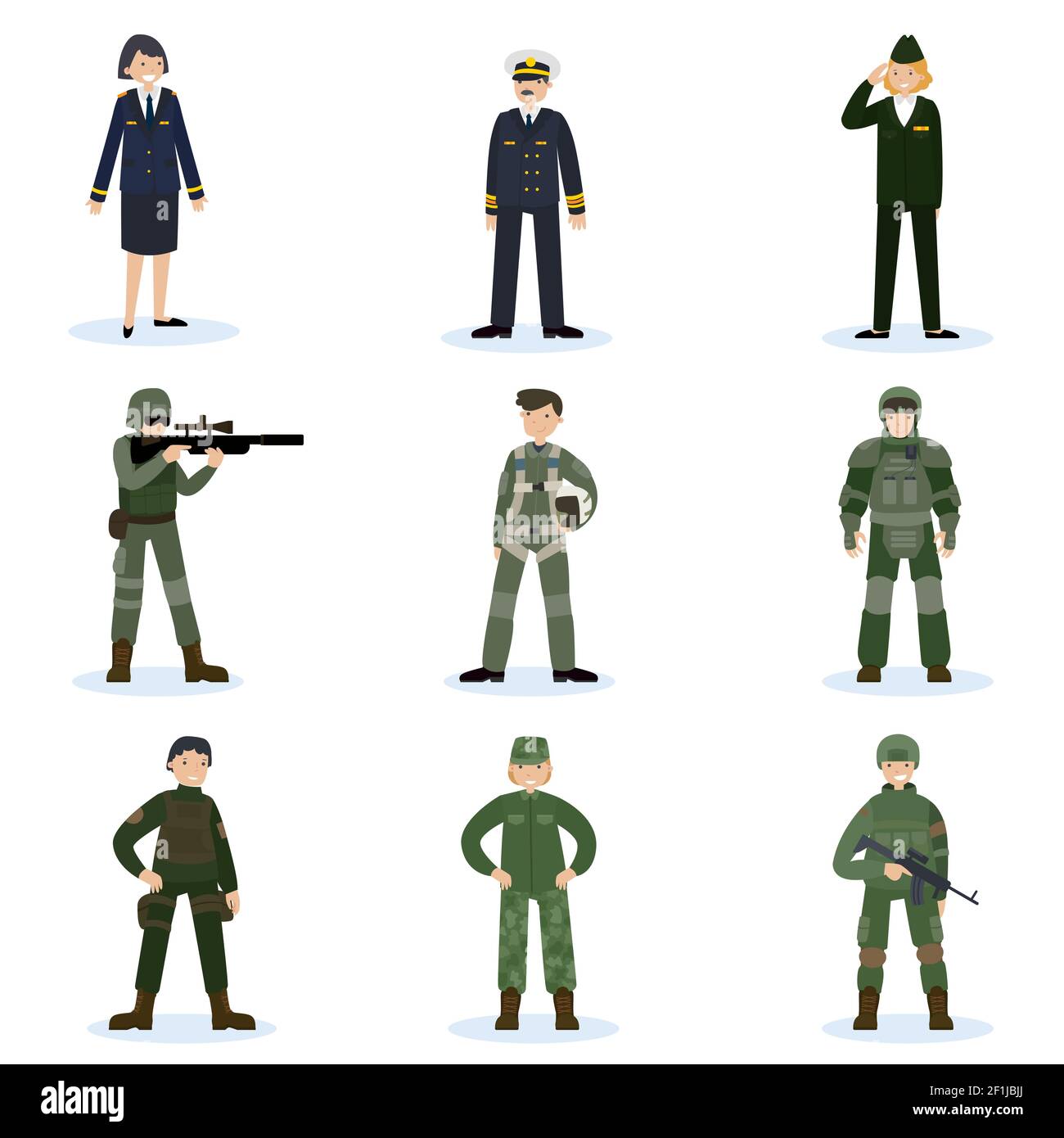 Army soldiers set with military command and men in different camouflage uniform isolated vector illustration Stock Vector