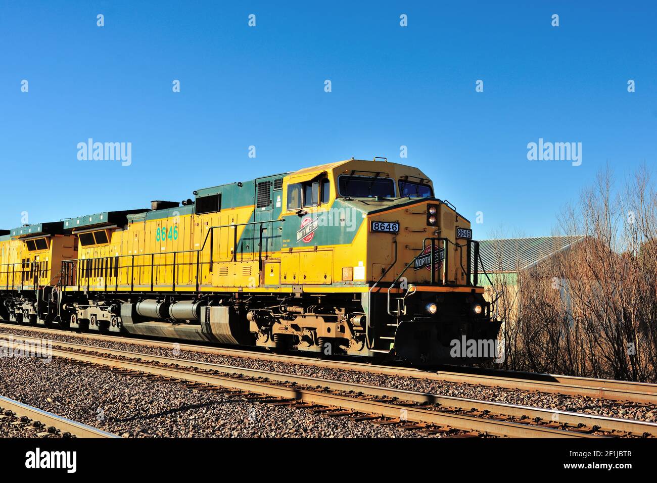 Elburn, Illinois, USA. Lead on an eastbound Union Pacific