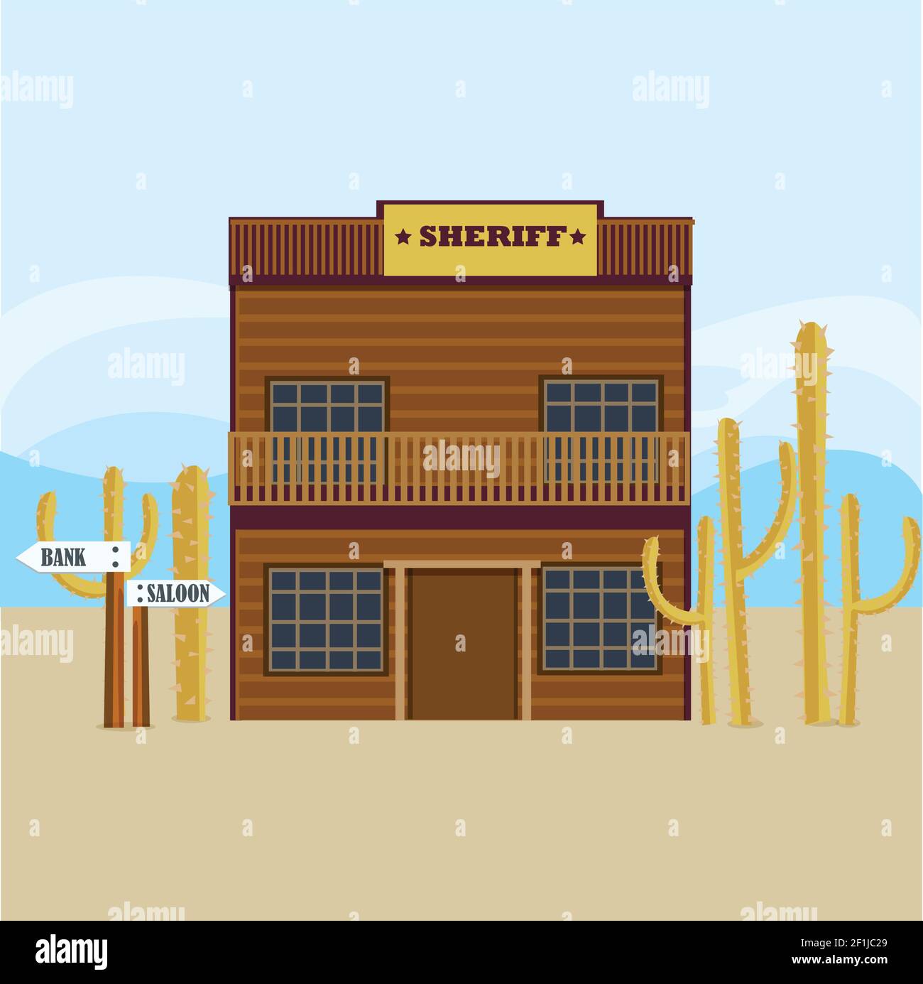 Western sheriff house facade template with cactuses on light desert landscape vector illustration Stock Vector