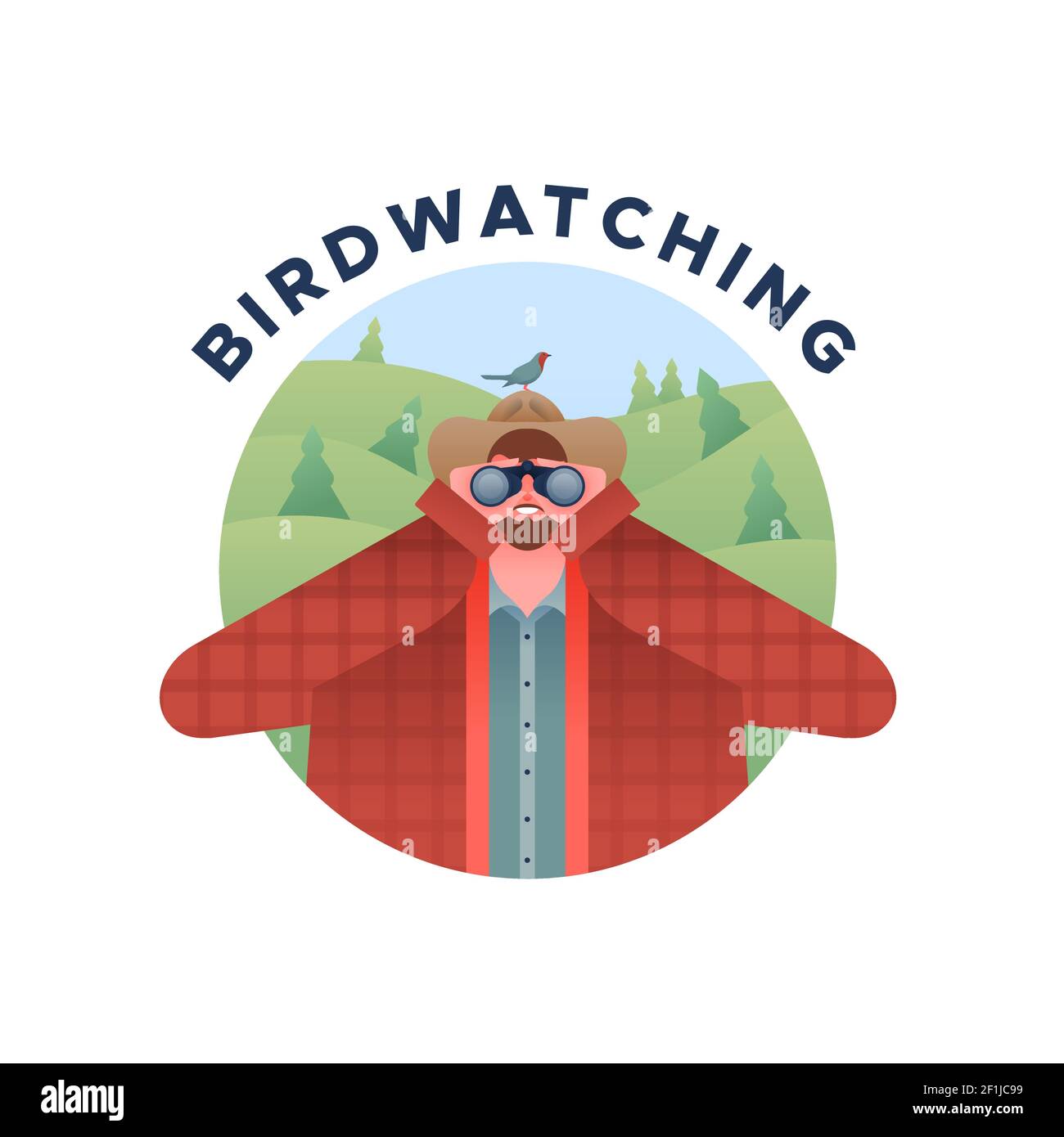Happy young man with binoculars and wild bird animal, birdwatching leisure activity concept. Flat cartoon male character outdoor in green forest envir Stock Vector