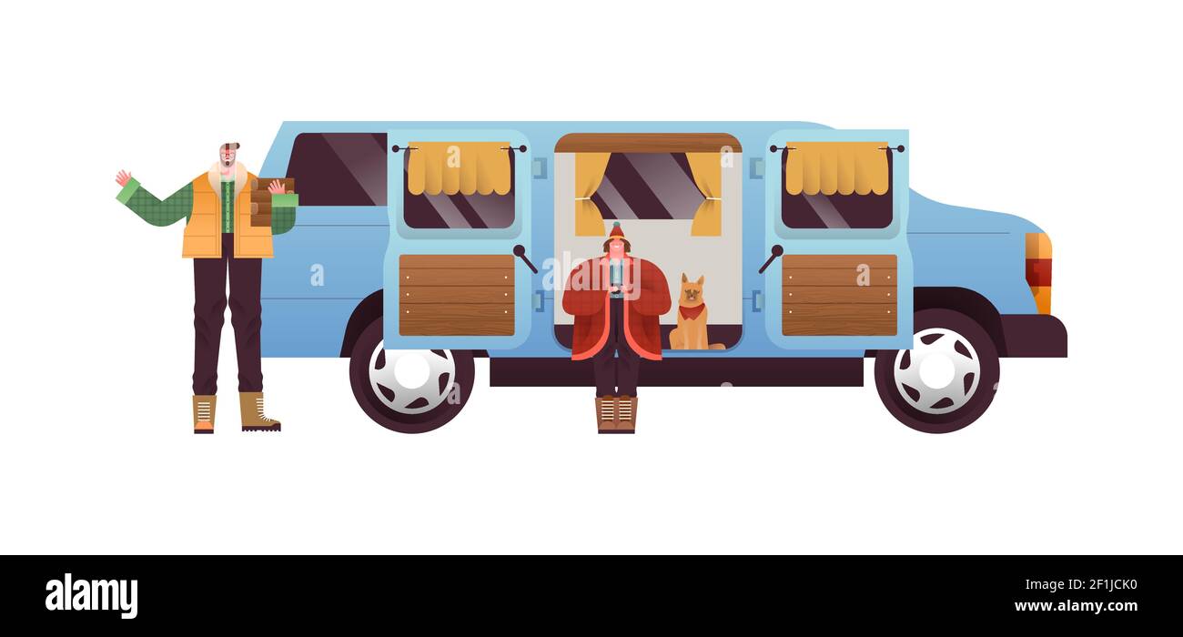 Man and woman couple with dog pet in motorhome van, mobile home rv vehicle on isolated background. Flat cartoon character illustration for outdoor cam Stock Vector