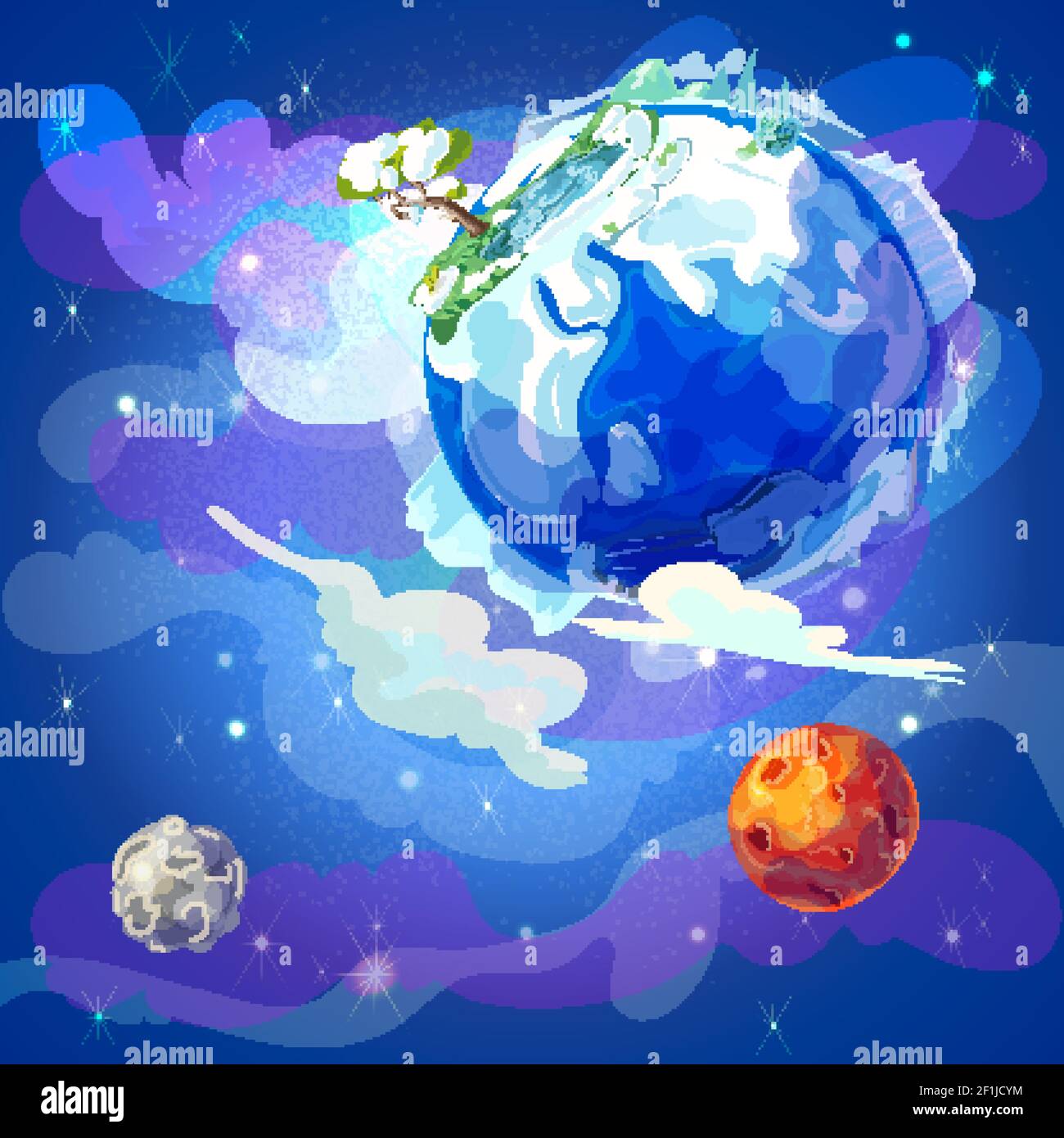 Cartoon Earth planet in space template with winter nature landscape Mars and moon on blue cosmic background vector illustration Stock Vector