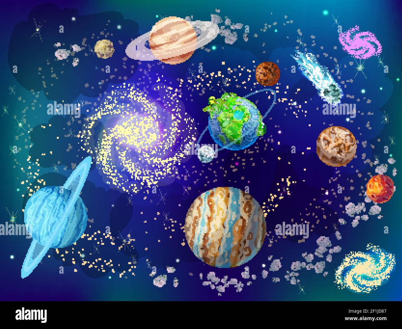 Cartoon scientific space background with planets of solar system moon  comets nebulas meteors asteroids vector illustration Stock Vector Image &  Art - Alamy