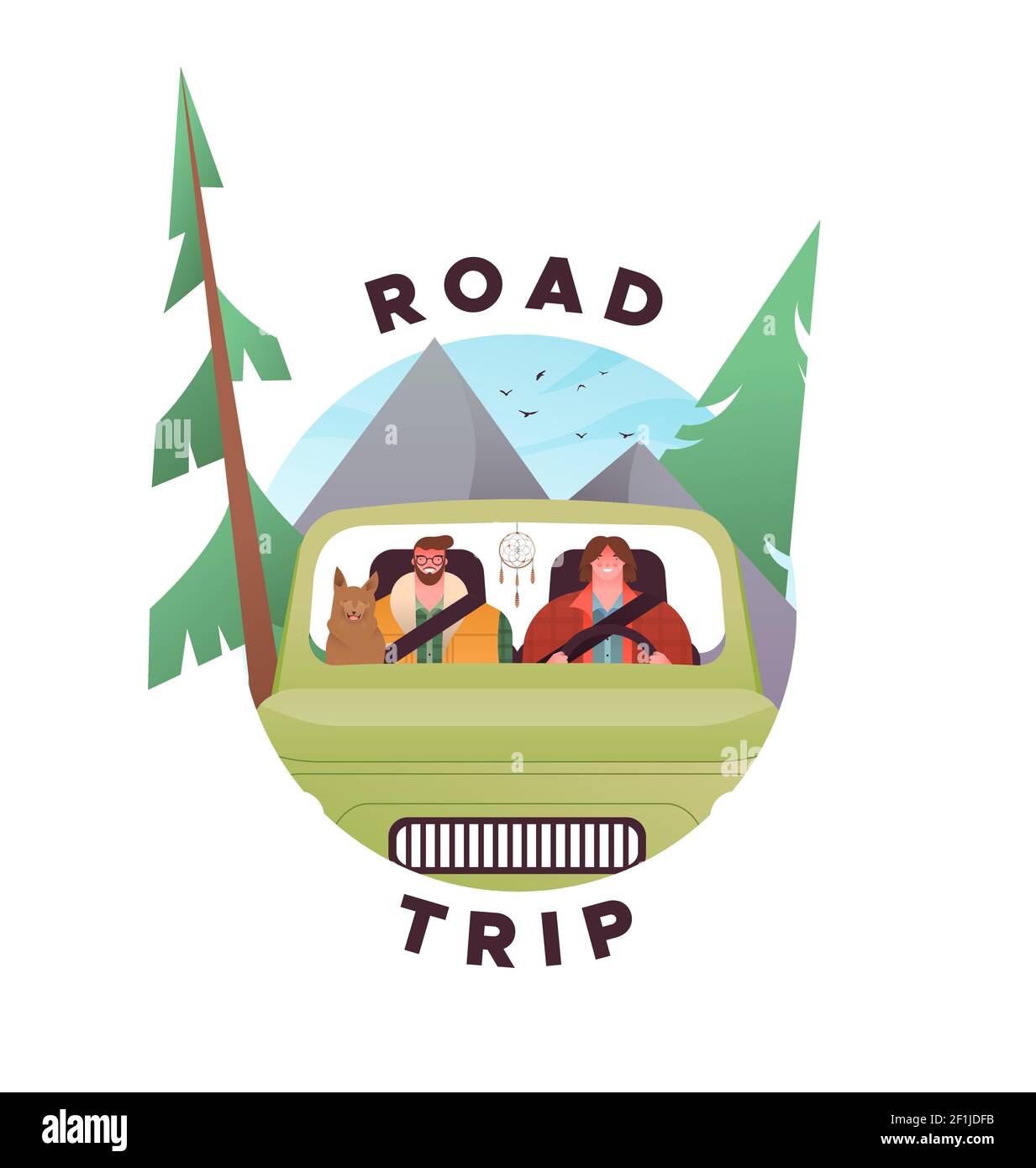 Happy man and woman driving vintage car with vacation suitcase, pet dog on isolated white background. Road trip travel icon concept. Stock Vector