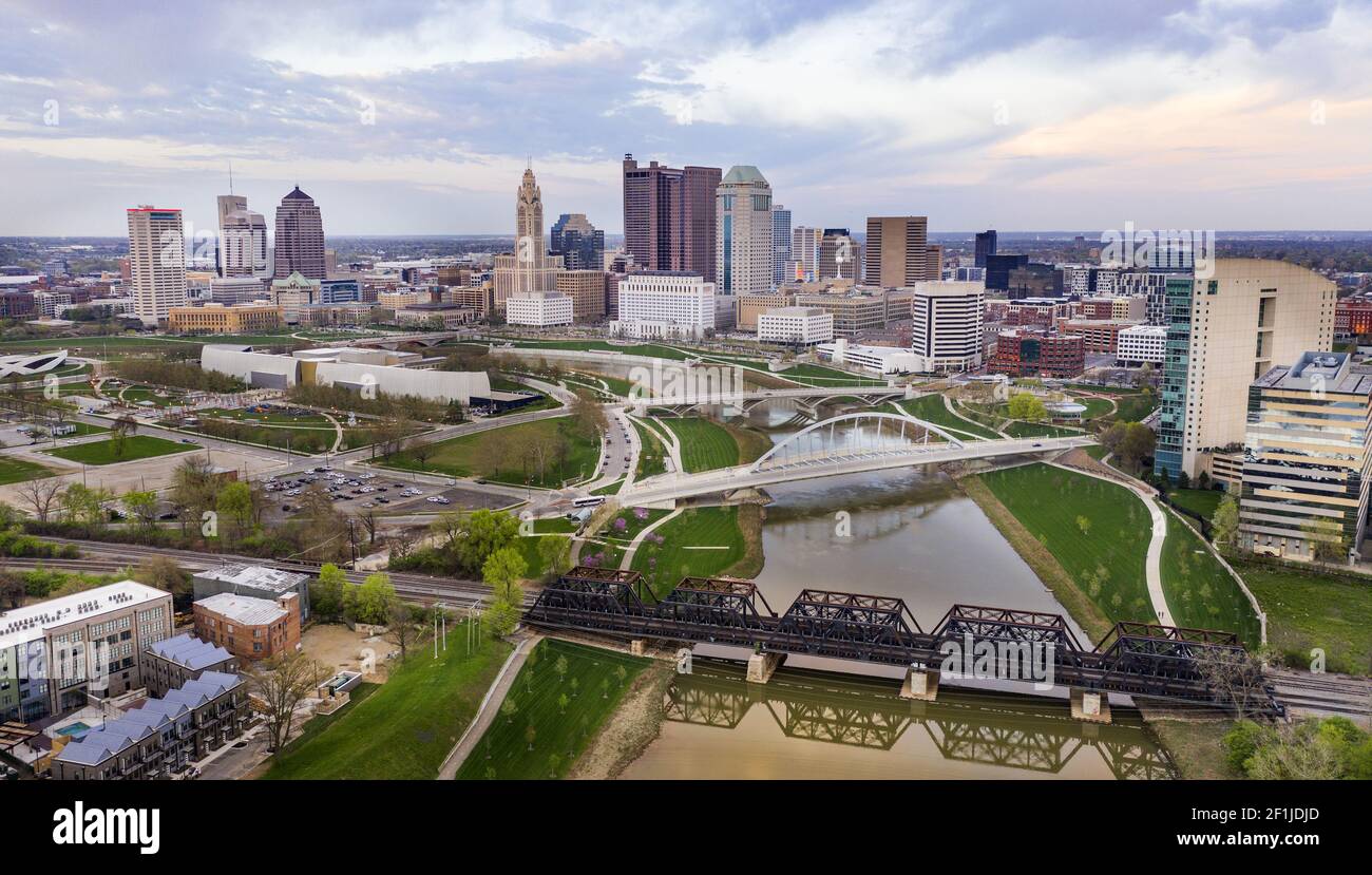 Aerial View over the Columbus Ohio Skyline Featuring Scioto River Stock Photo