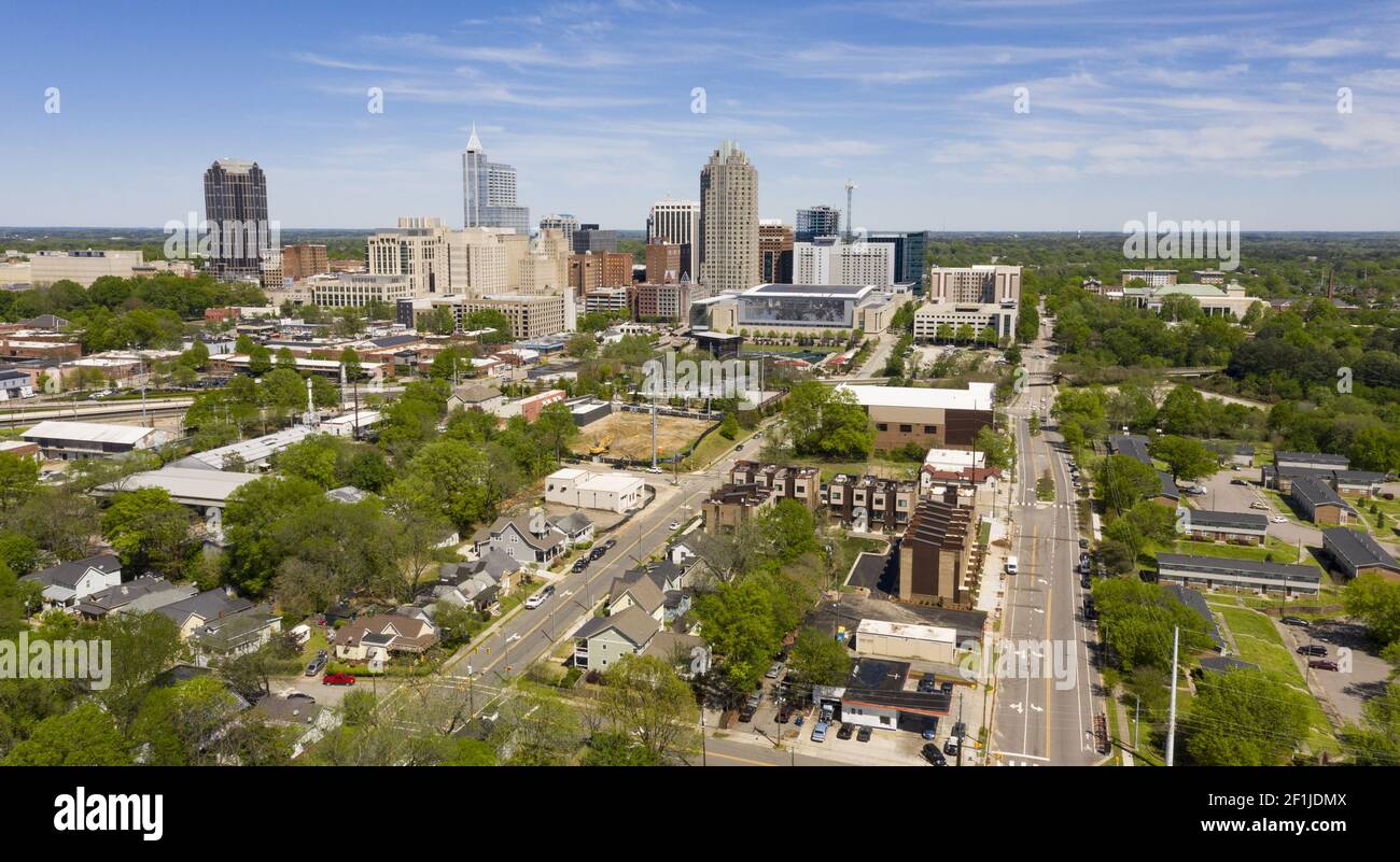 Aerial Perspective Elevating Up Over Raleigh North Carolina Urban Metro Area Stock Photo