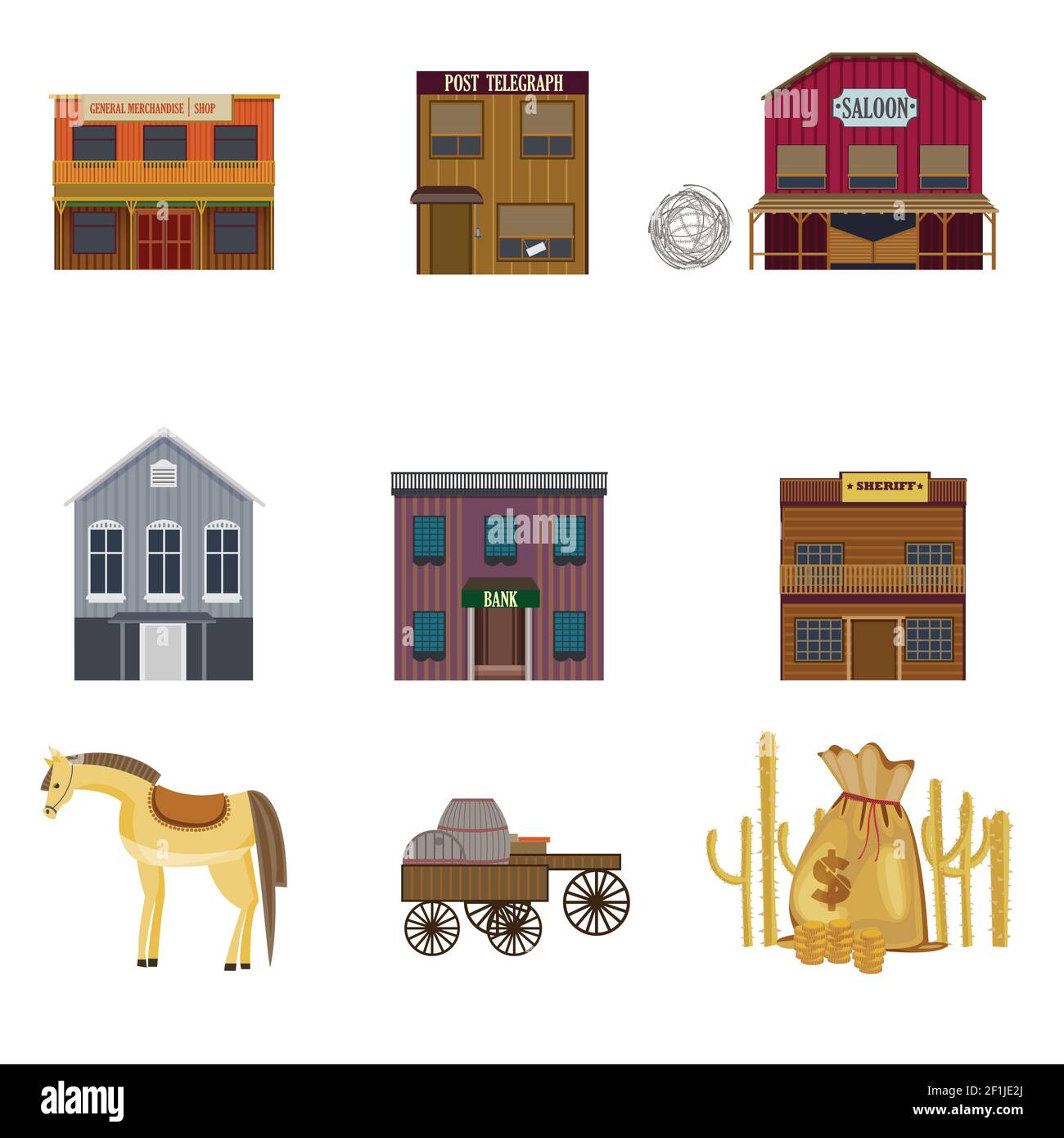 Colorful wild west elements set with buildings horse carts with wooden barrels cactuses and money bag isolated vector illustration Stock Vector