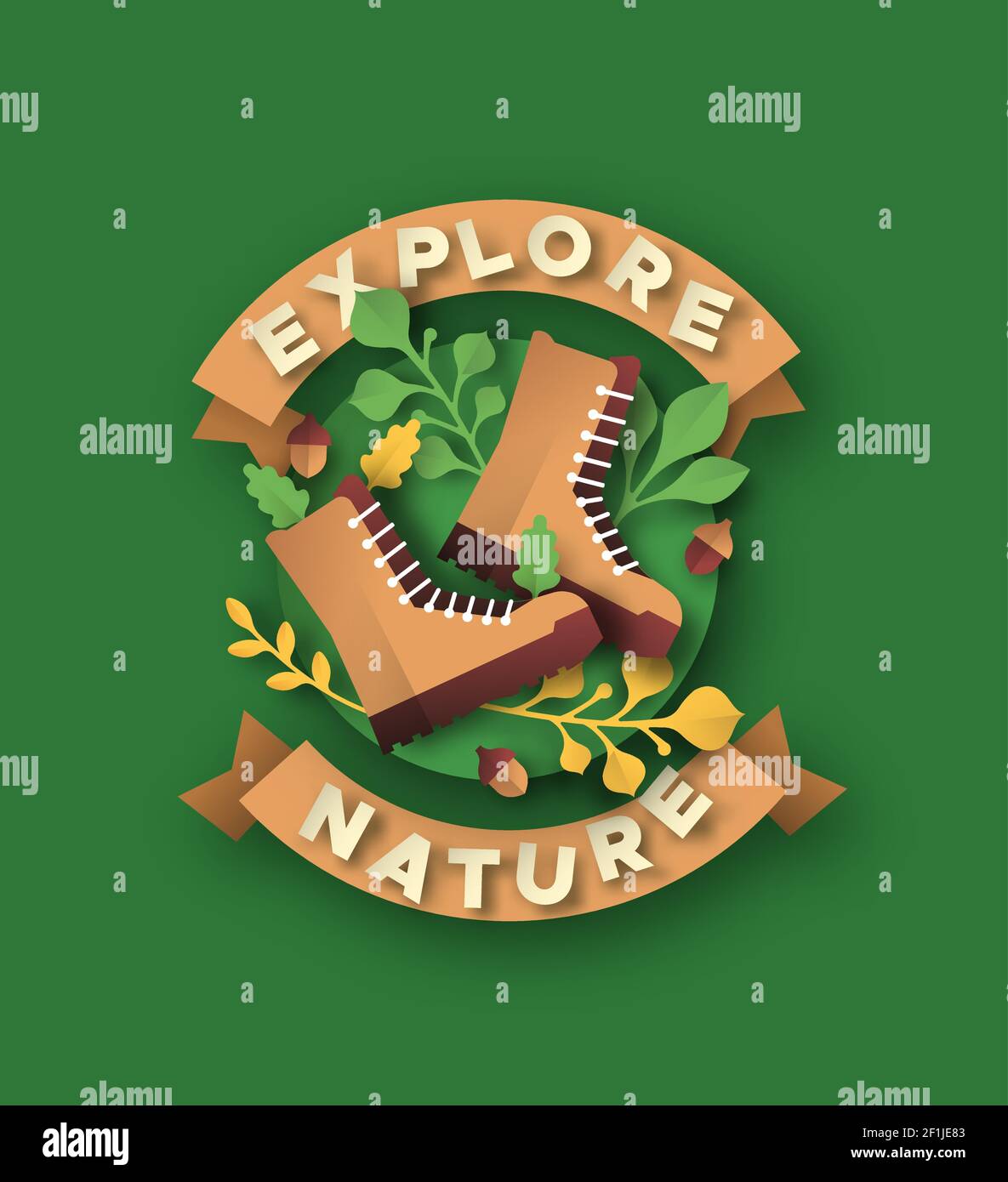 Explore nature quote label in 3d paper cut craft style. Outdoor adventure illustration with papercut camping boots and green leaf decoration. Hike spo Stock Vector