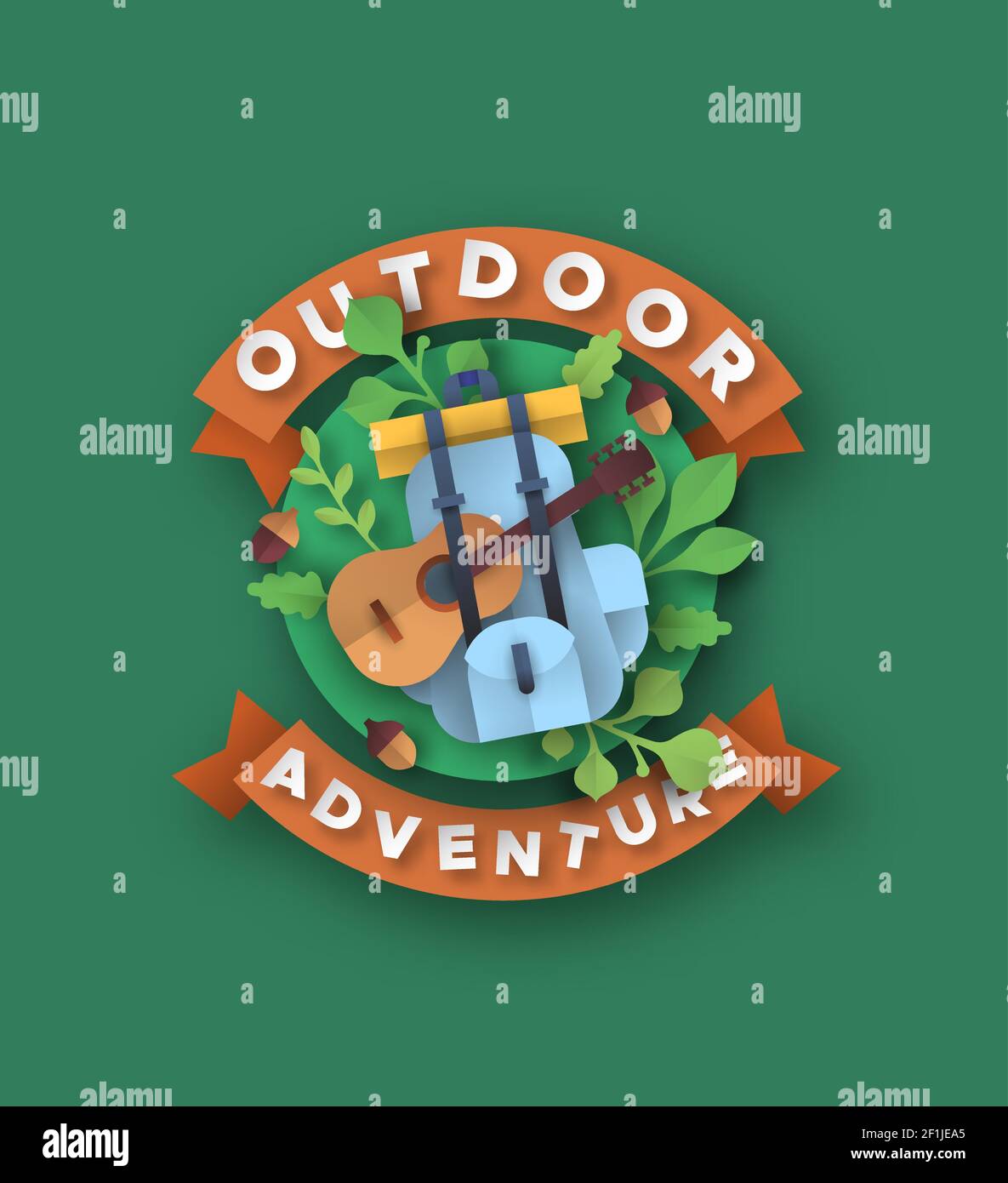 Outdoor adventure quote label in 3d paper cut craft style. Nature travel illustration with papercut camping backpack, campfire guitar and green leaf d Stock Vector