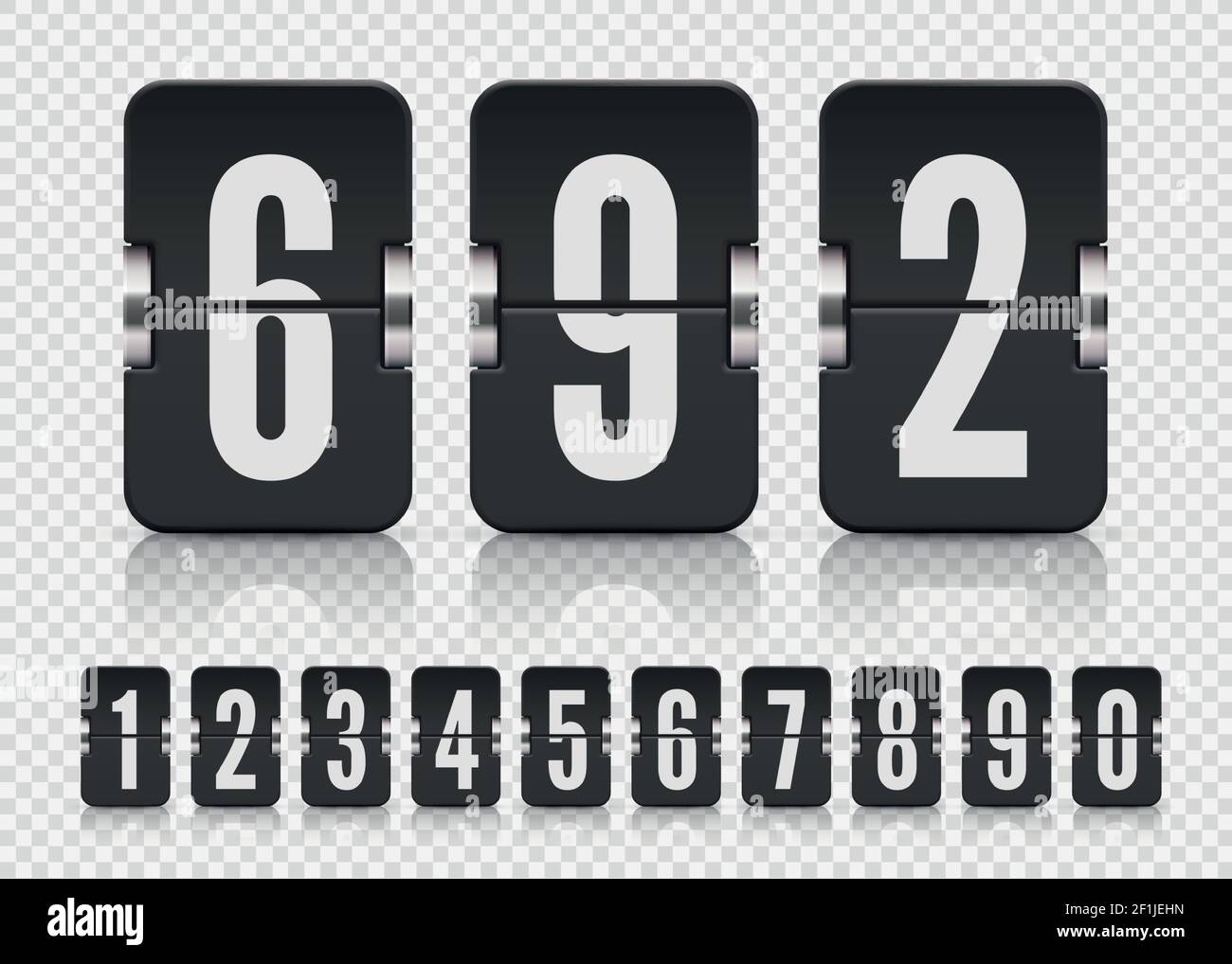 Set of black flip numbers on a mechanical score board with reflection ...