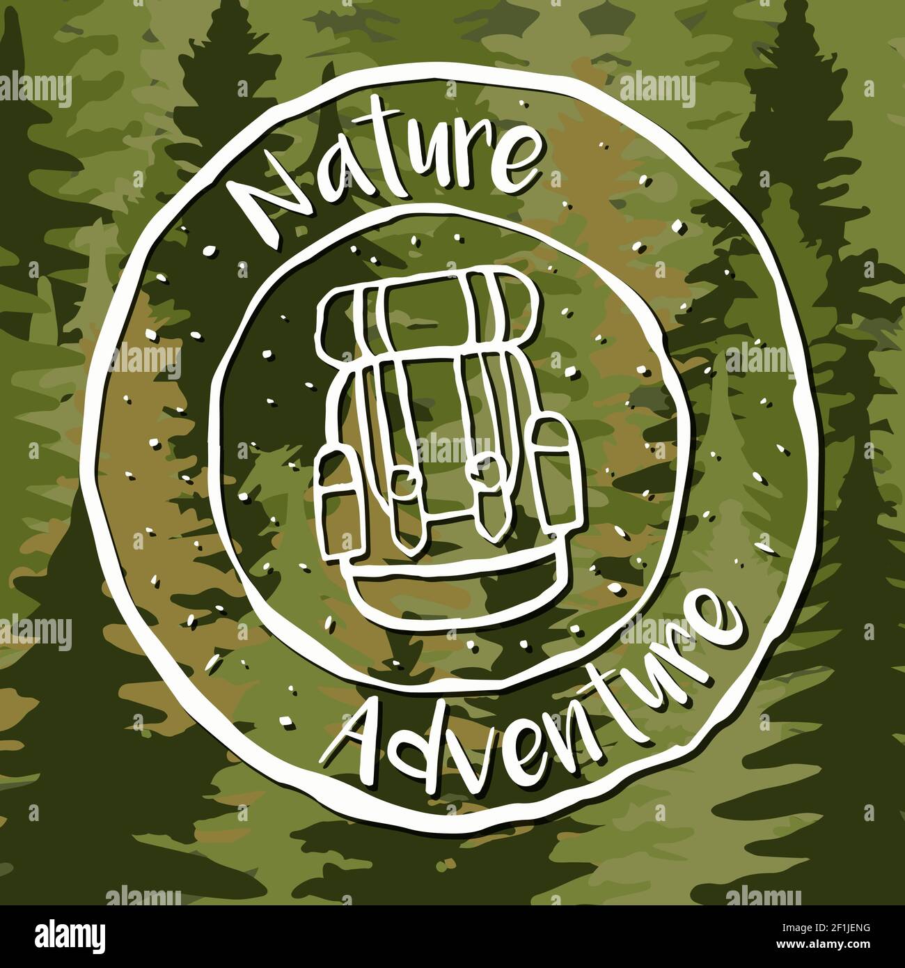 Nature adventure label with hand drawn backpack design and pine tree forest background. Eco tourism vacation concept. Stock Vector