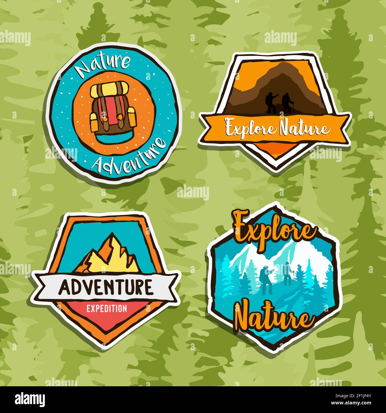 Outdoor adventure label sign set in hand drawn style for forest camping vacation, wilderness expedition or eco tourism. Stock Vector
