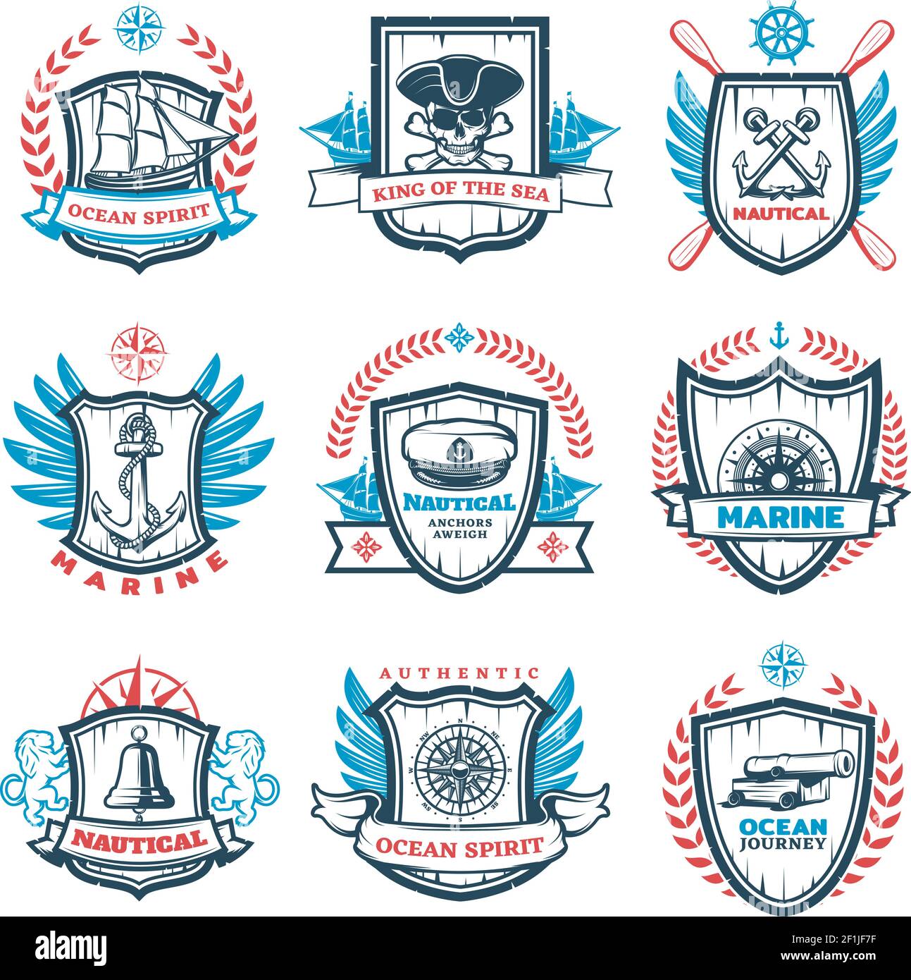 Vintage colored nautical emblems set with marine and sailing elements on heraldic shields isolated vector illustration Stock Vector