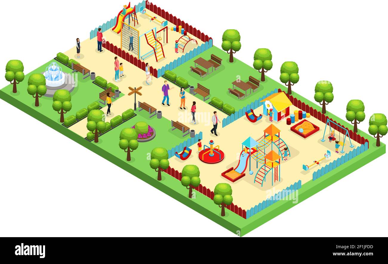 Children playing with parents on kids playground with game equipment.  Isometric cartoon vector illustration with 3d little people. Playground  isometry with swing and slide Stock Vector Image & Art - Alamy