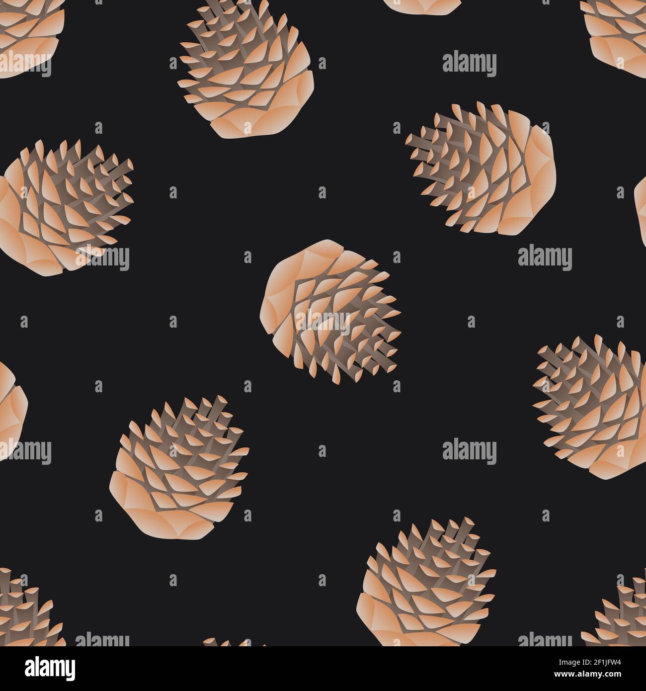 Brown pine cones on a black background seamless pattern. Background with cones for wrapper, wallpaper or fabric design. Stock Photo