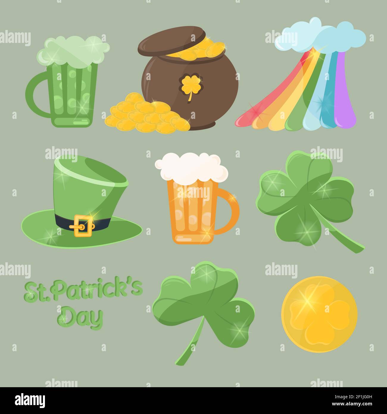 Saint Patrick's Day character set Leprechaun hat, pot of gold coins, rainbow, shamrock, pint of beer, pint of ale, gold coin, clover Sт.Patrick's Day Stock Photo