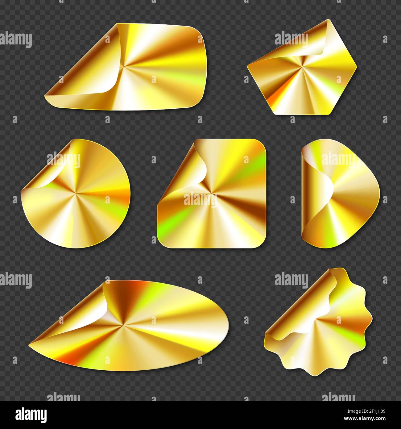 Holographic golden stickers, labels with gold gradient texture isolated on transparent background. Vector realistic set of blank hologram emblems different shapes with curved corners Stock Vector
