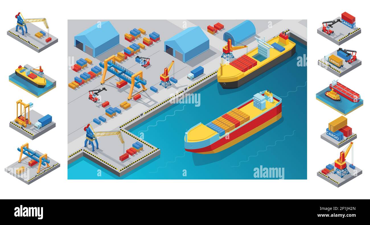 Isometric sea port template with ships loading process cranes containers truck warehouses and logistic elements vector illustration Stock Vector