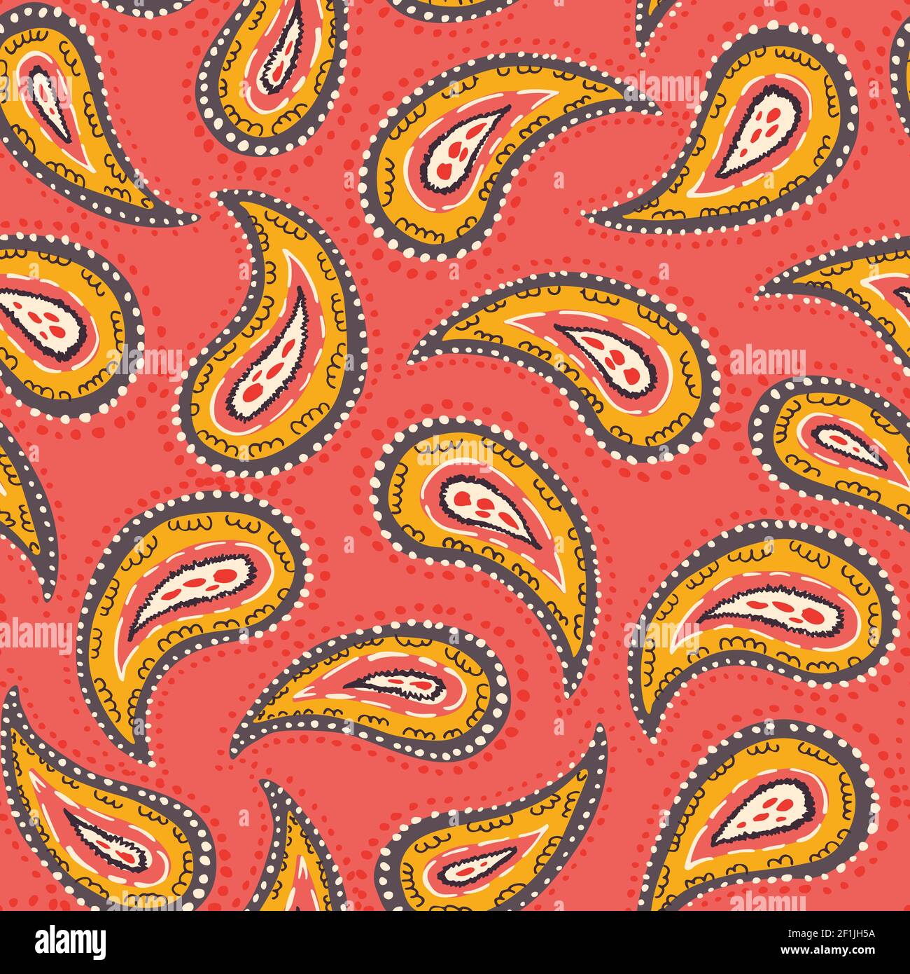 Hand-Drawn Artistic Colorful Paisley Swirls Vector Seamless Foulard Pattern Stock Vector