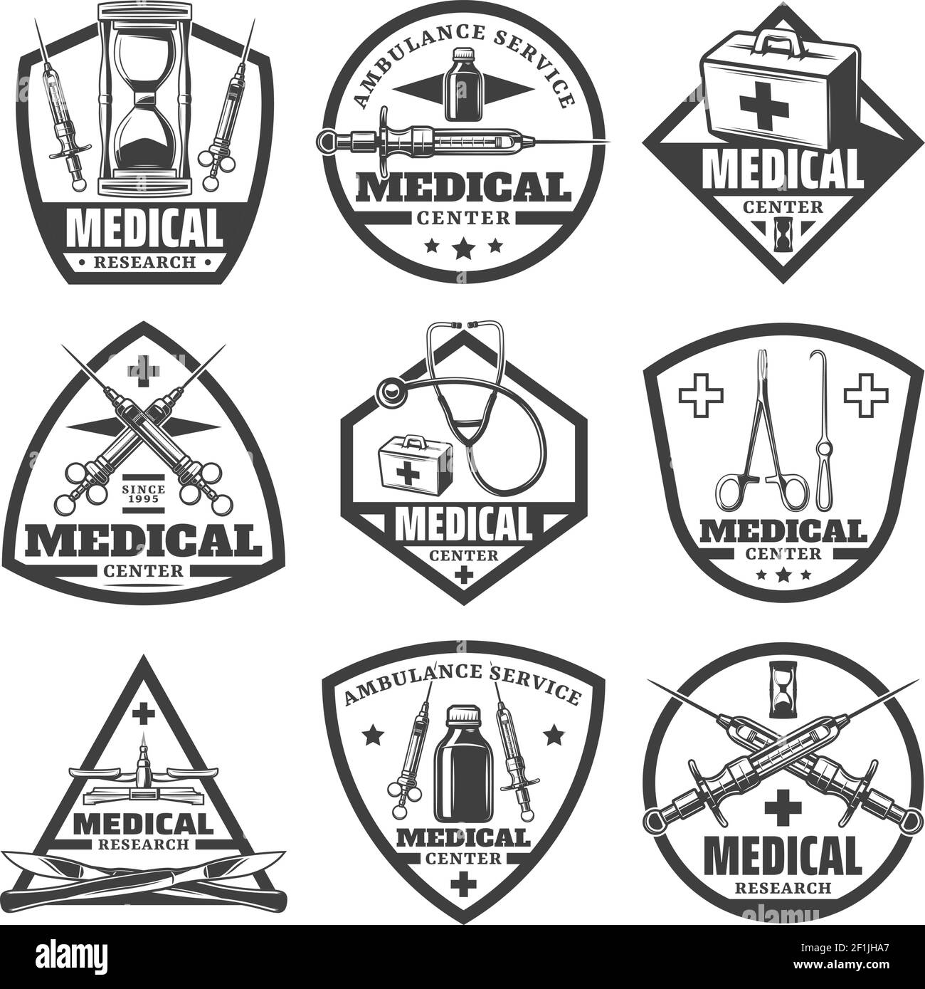 Vintage monochrome medical labels set with hourglass doctor bag syringe ...