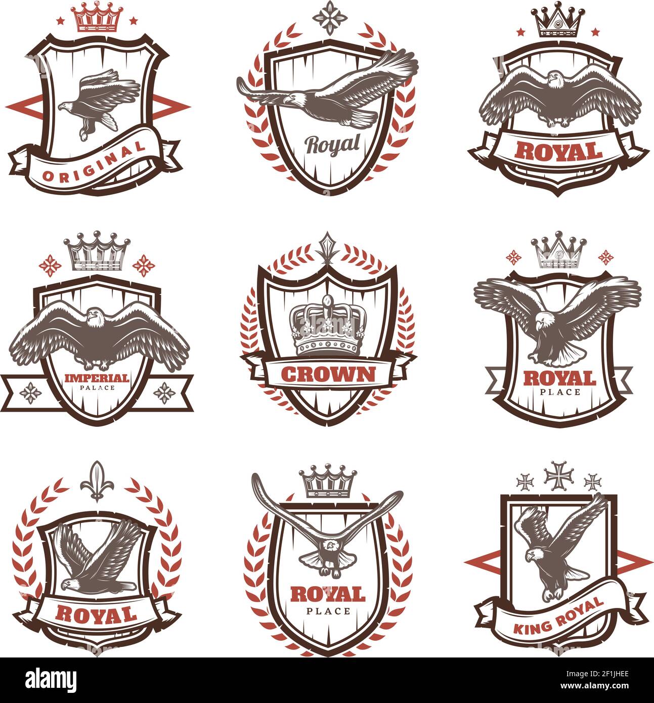 Vintage royal coats of arms set with letterings eagle crown laurel ...