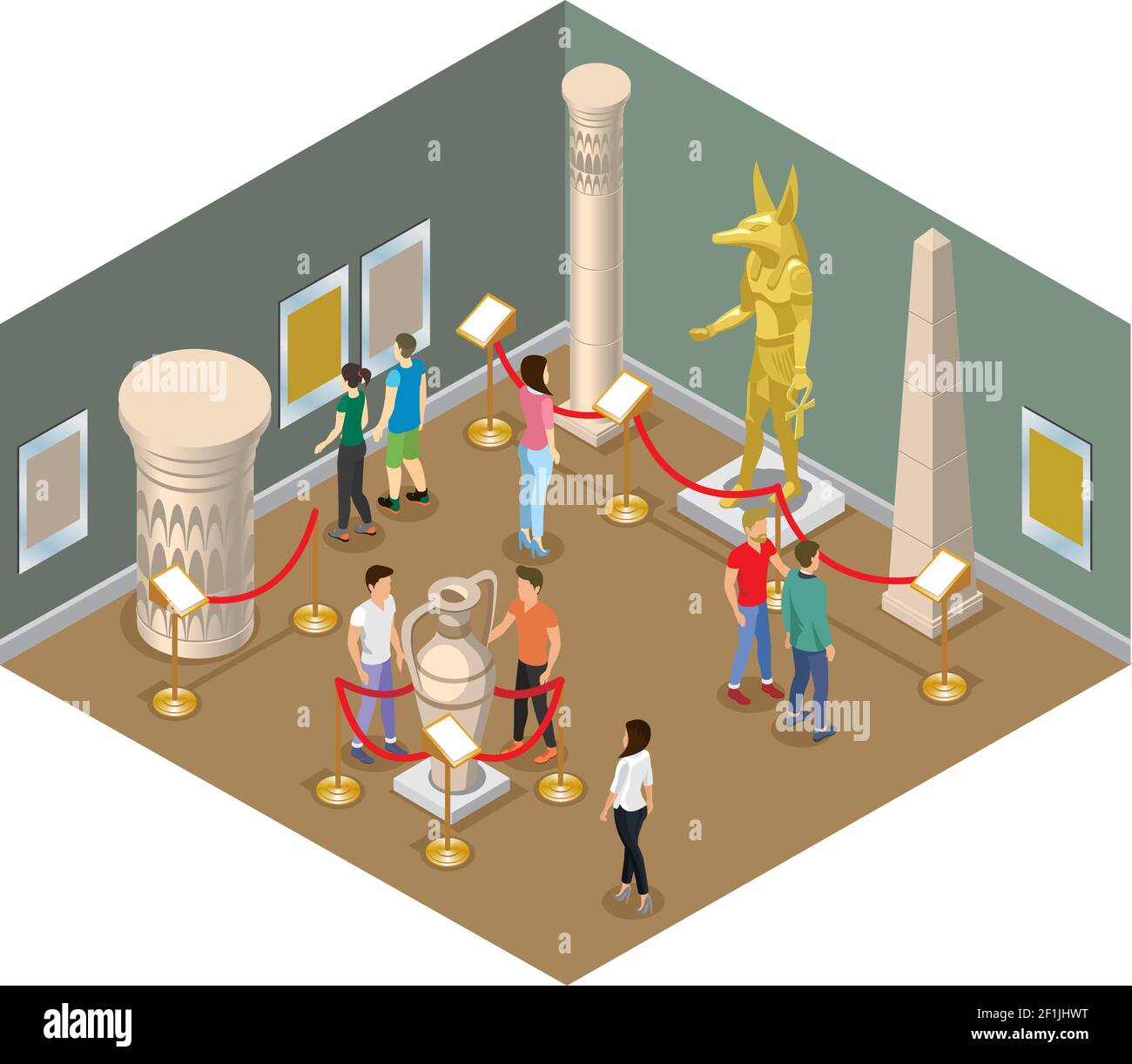 Isometric museum hall concept with visitors view pharaoh statue pictures ancient amphora column and historical buildings isolated vector illustration Stock Vector