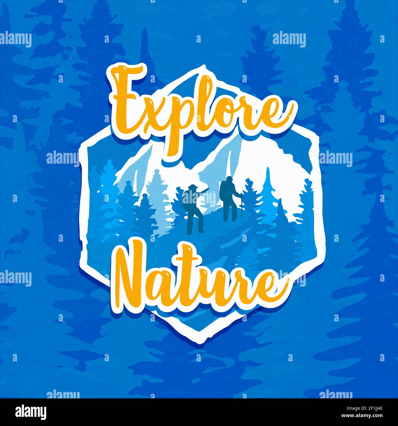 Explore Nature illustration of forest landscape with people climbing in mountain peak. Eco tourism or outdoor adventure concept. Stock Vector