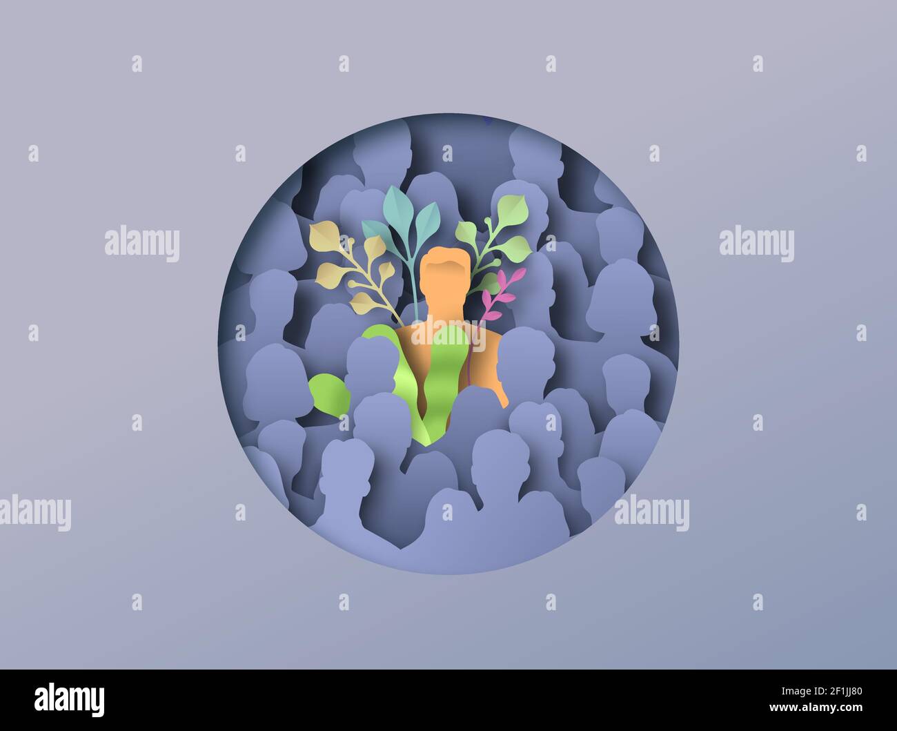 Unique man standing out from the crowd in 3D paper cut style. Be different, individuality concept. Business leadership or successful character with co Stock Vector