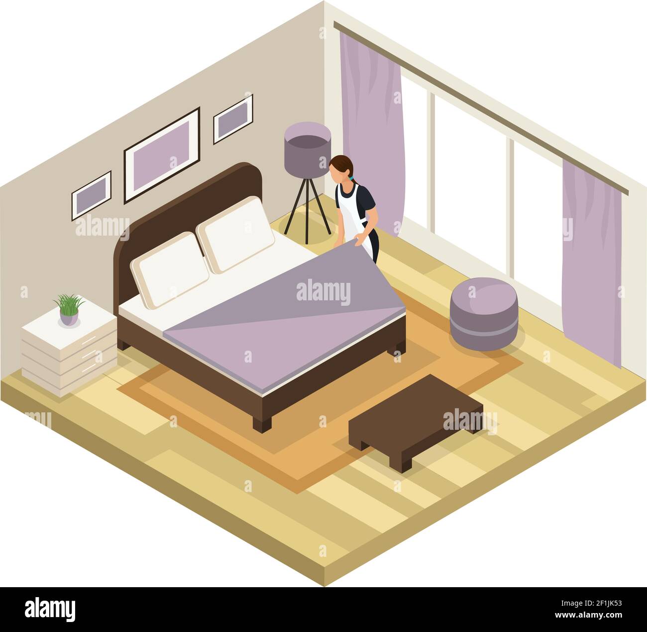 Isometric hotel service concept with maid wearing uniform cleaning room ...