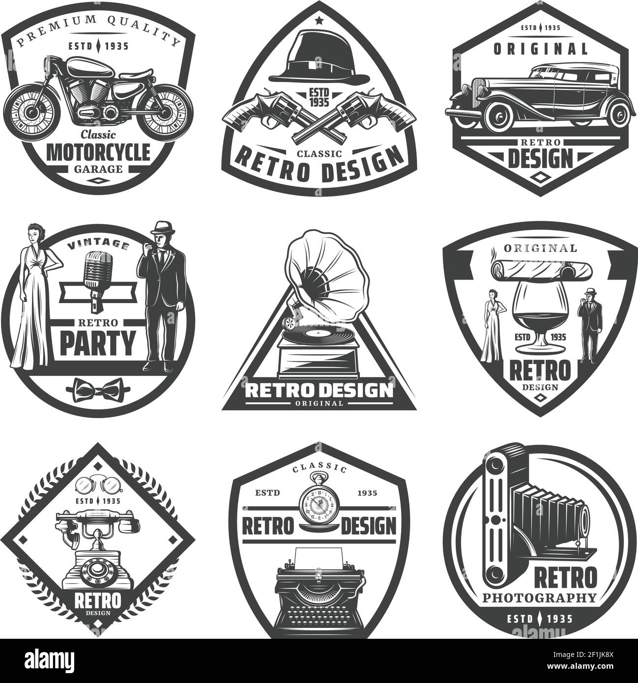 Vintage retro labels set with motorcycle car guns hat gentleman woman typewriter gramophone cigaro camera phone glass of whiskey isolated vector illus Stock Vector