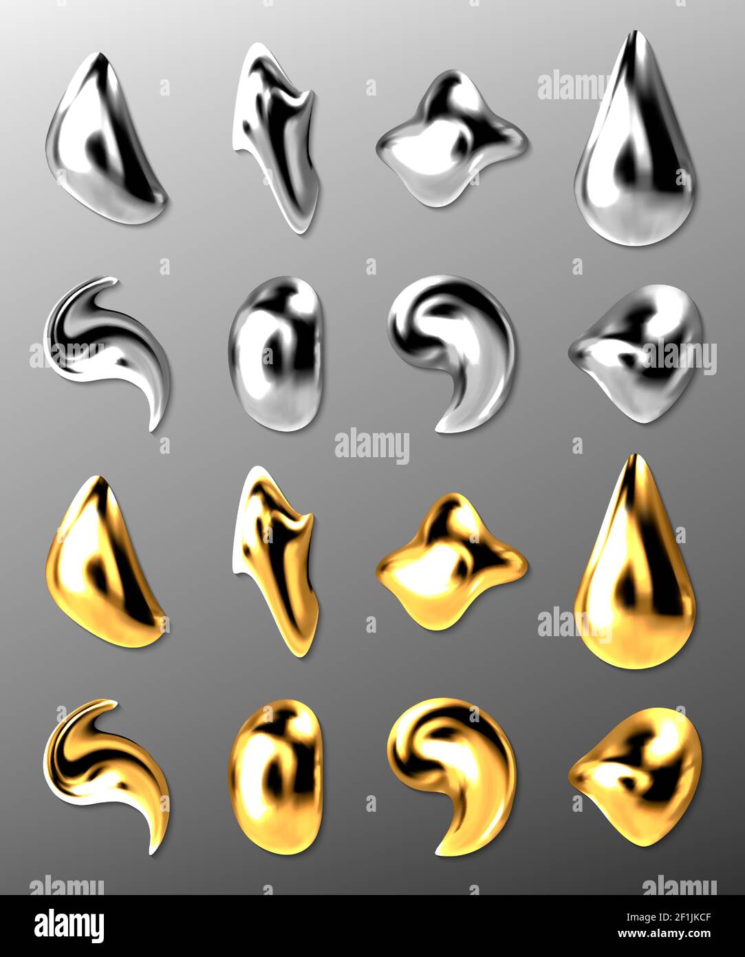 Liquid gold or silver drops, 3d abstract mercury and golden metal drips, paint, cosmetics oil, collagen capsules of different shapes, metallic texture isolated on grey background, Realistic vector set Stock Vector