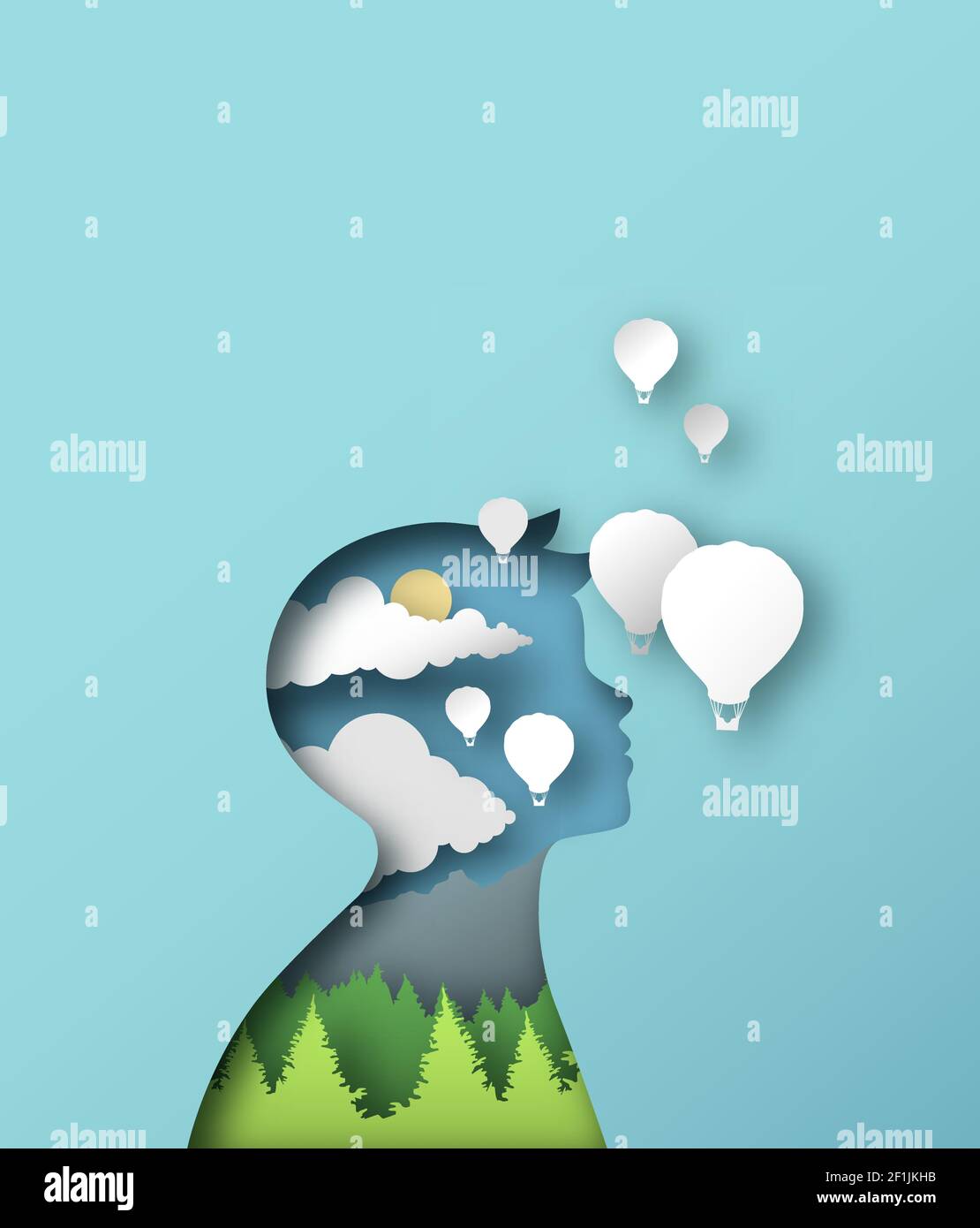 Little boy with hot air balloons, forest landscape and sky in modern paper cut craft style. Child imagination or student education concept. Stock Vector