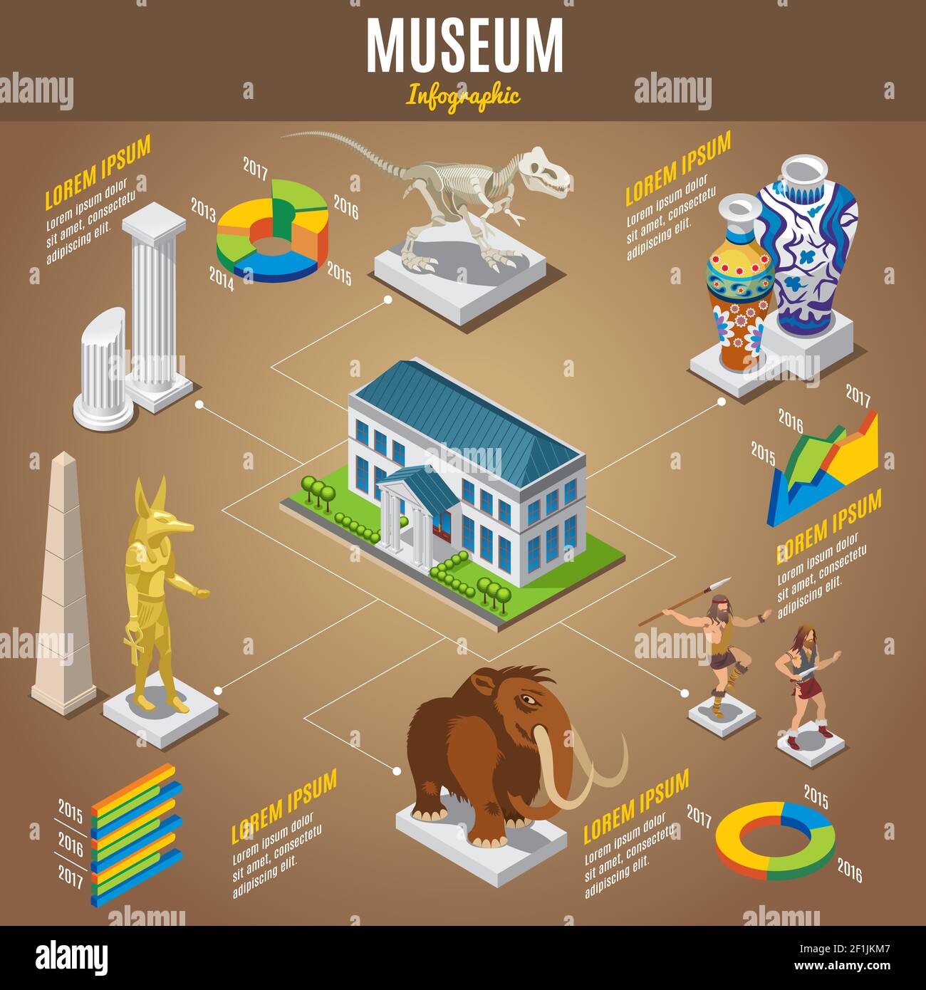 Isometric museum infographic template with building columns pharaoh ancient vases dinosaur skeleton primitive men mammoth exhibits isolated vector ill Stock Vector