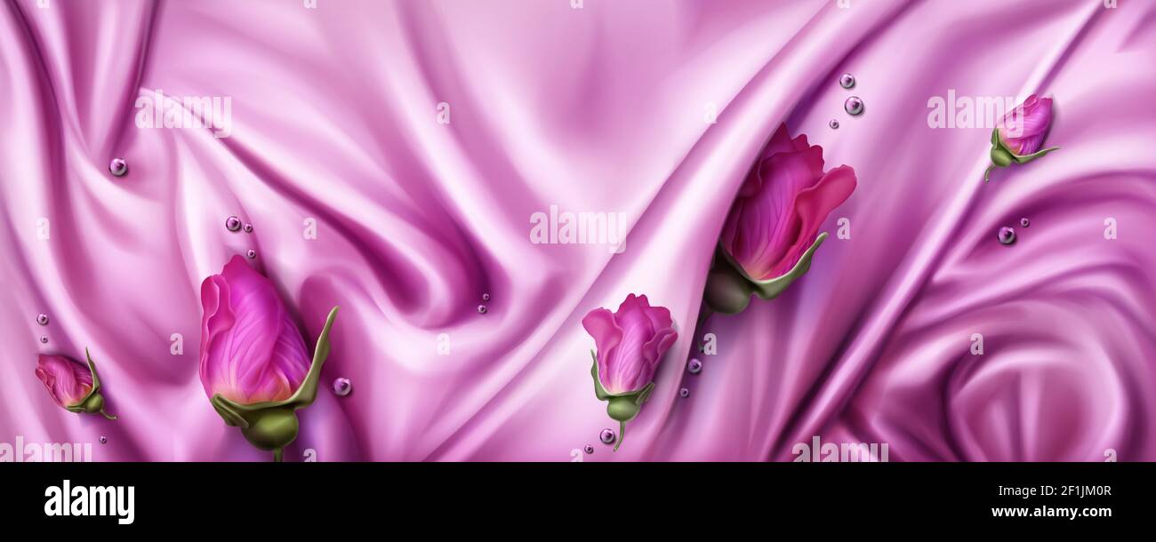Abstract background with pink silk cloth and rose buds. Texture of shiny satin fabric with waves and drapery. Vector realistic wallpaper with luxury flowing textile, flowers and glossy beads Stock Vector