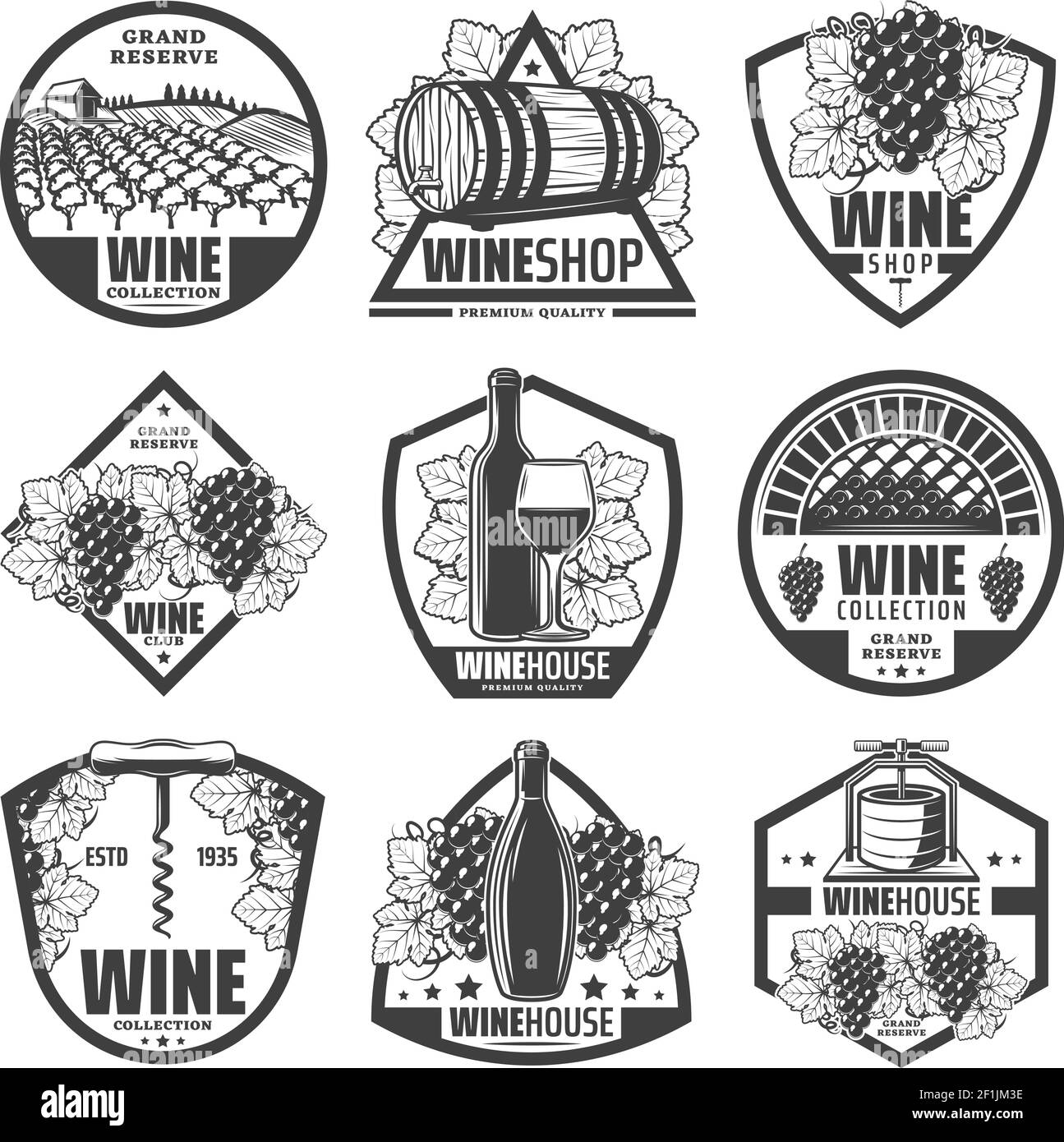 Vintage monochrome wine labels set with wineglass bottles wooden