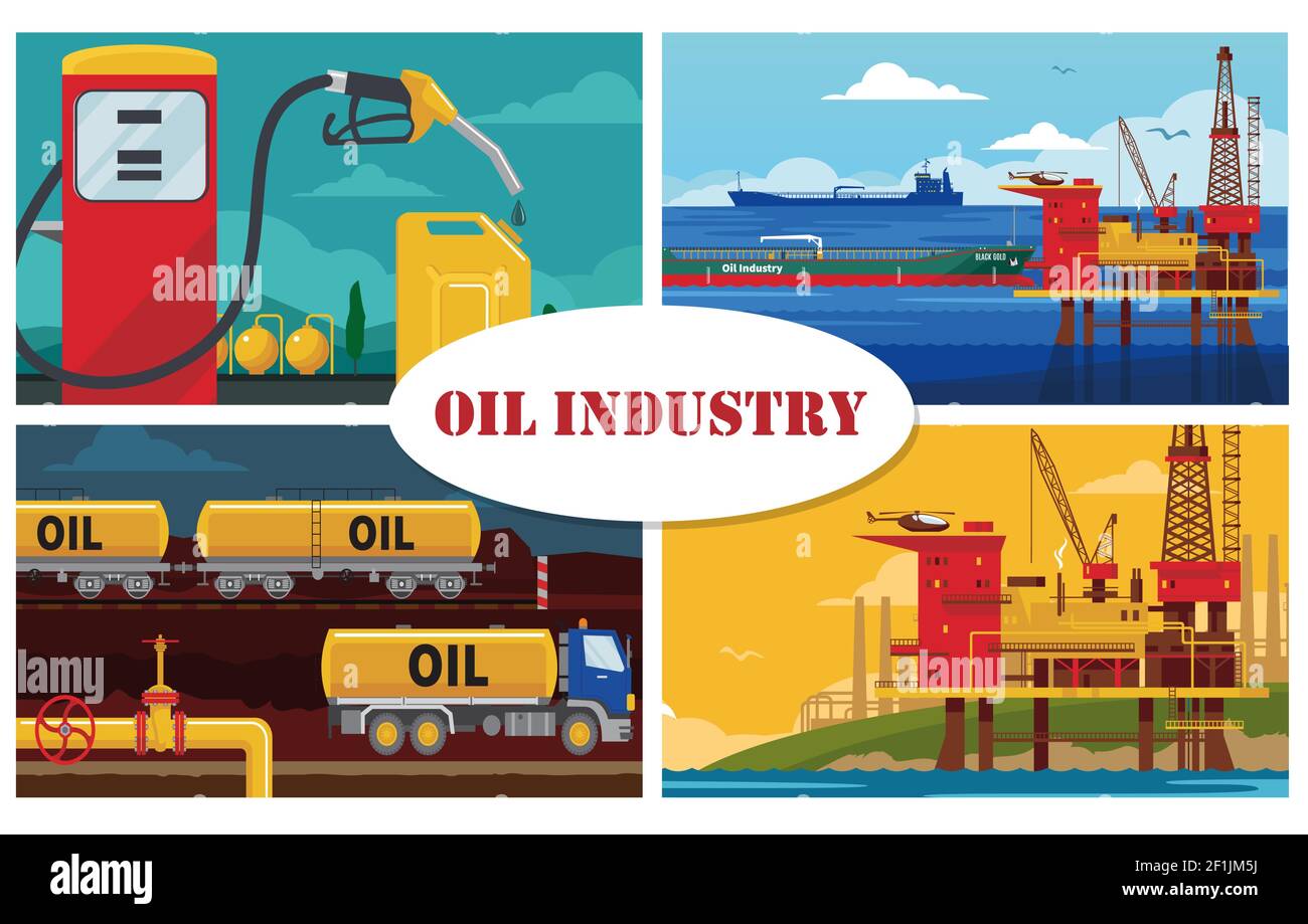 Flat oil industry concept with water drilling rig platform tanker ship