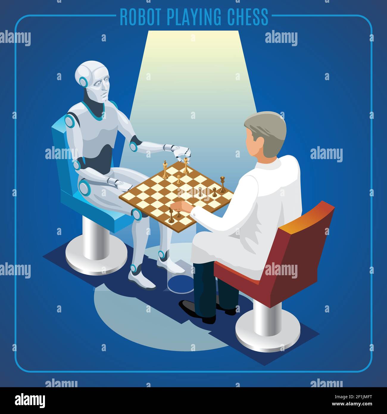 Isometric artificial intelligence technology concept of robot playing chess with scientist isolated vector illustration Stock Vector