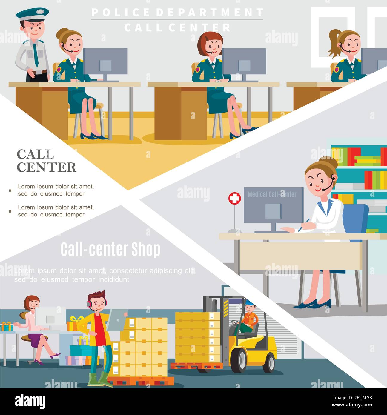 Flat call centers template with workers of helpline services of police department hospital and shop vector illustration Stock Vector