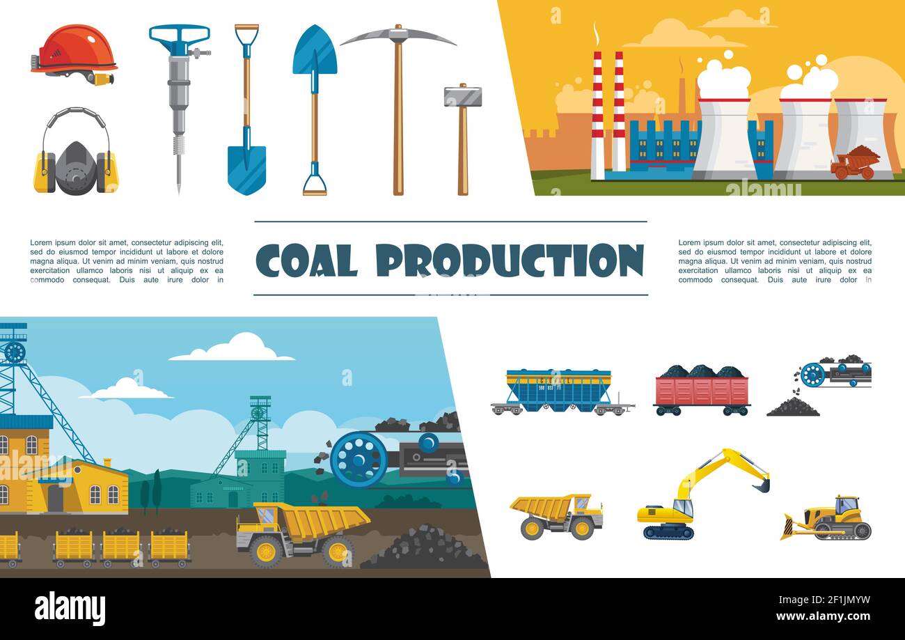 Flat mining industry elements set with helmet drill pickaxe shovel ...