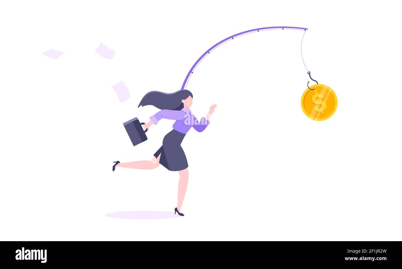 Rat race and money bait business concept with businesswoman running after dangling dollar and trying to catch it working hard and always busy in the l Stock Vector