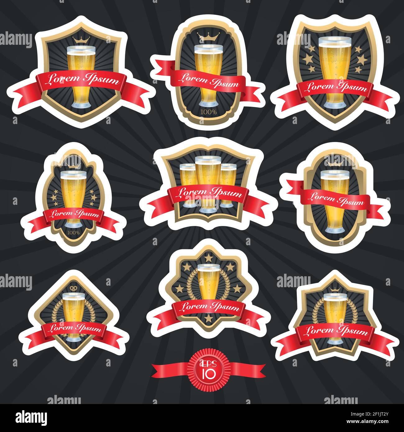 Set of labels with glasses full of beer and decorative ribbons vector ...
