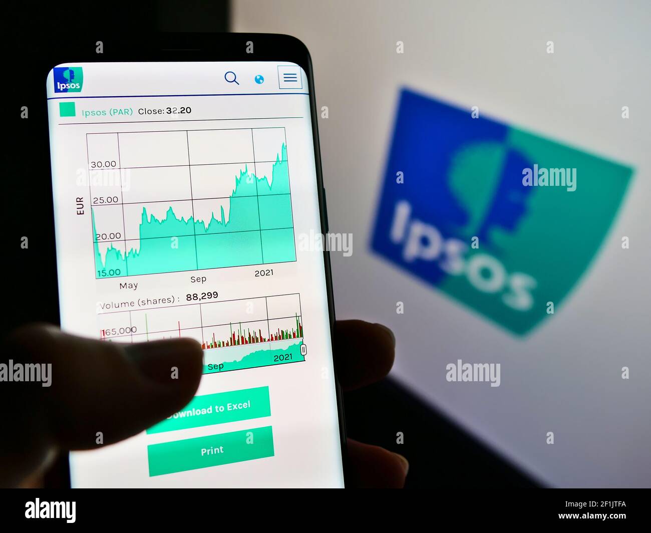 Person holding cellphone with webpage and stock chart of market research company Ipsos on screen with logo. Focus on center-right of phone display. Stock Photo