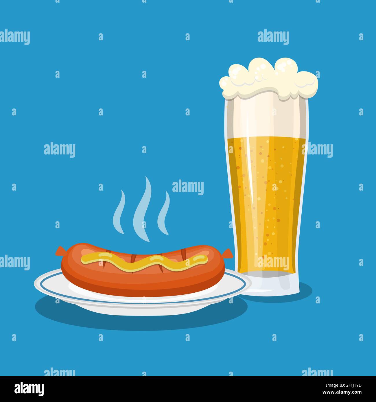 Glass mug of beer and plate with sausage Stock Vector